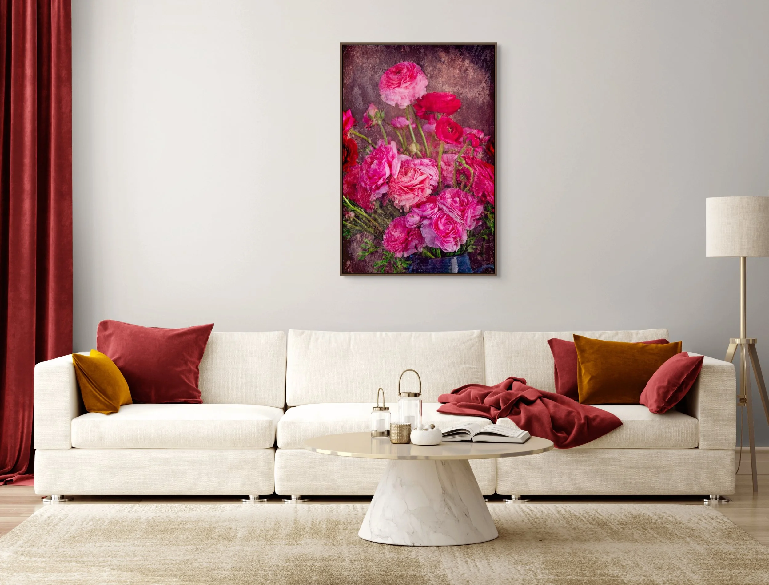 Pink and red ranunculus flowers in fine art floral still life photography.