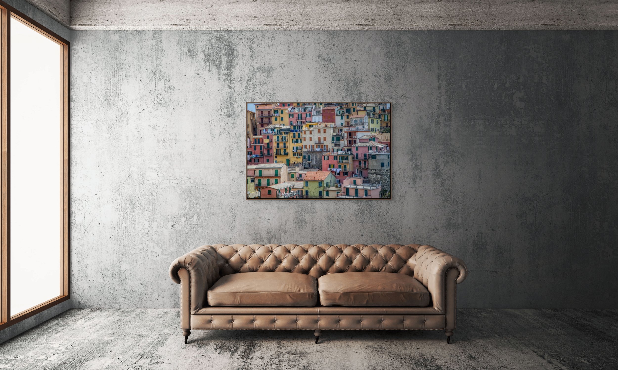 Colourful houses stacked on a hillside in Cinque Terre Italy.