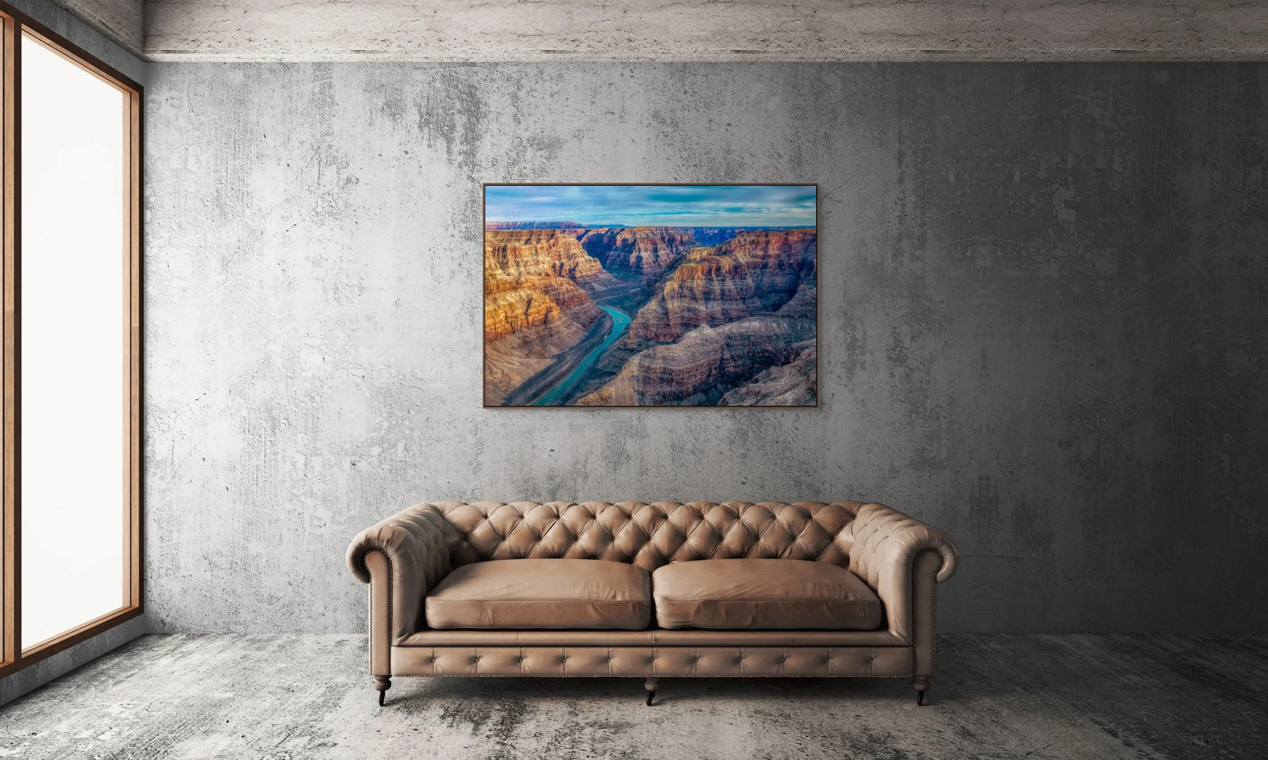 Aerial view of the Colorado River winding through the Grand Canyon.