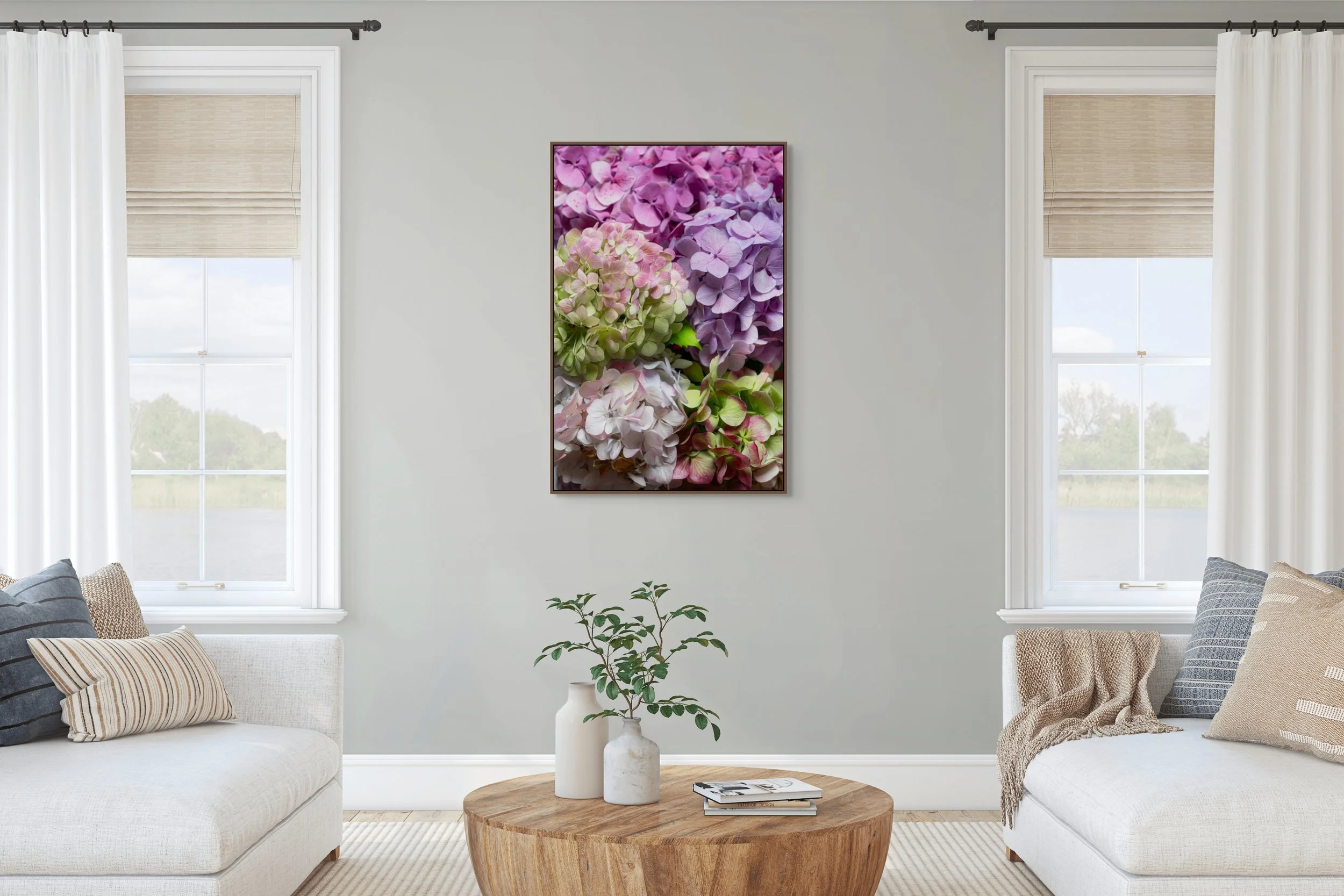 Pastel pink and purple hydrangea flowers in close up fine art floral photography.