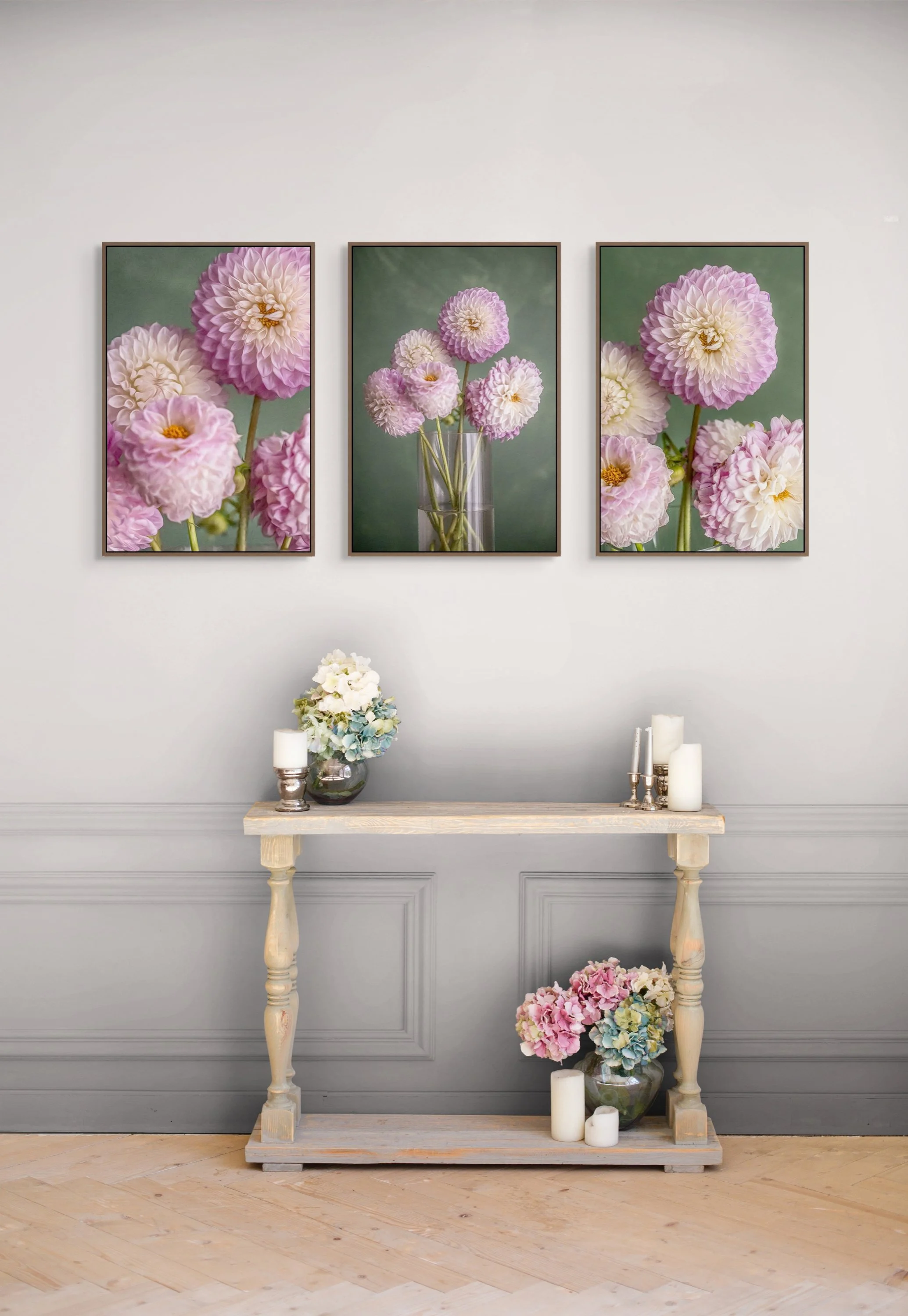 Soft pink dahlia flowers with painterly texture in fine art floral photography.
