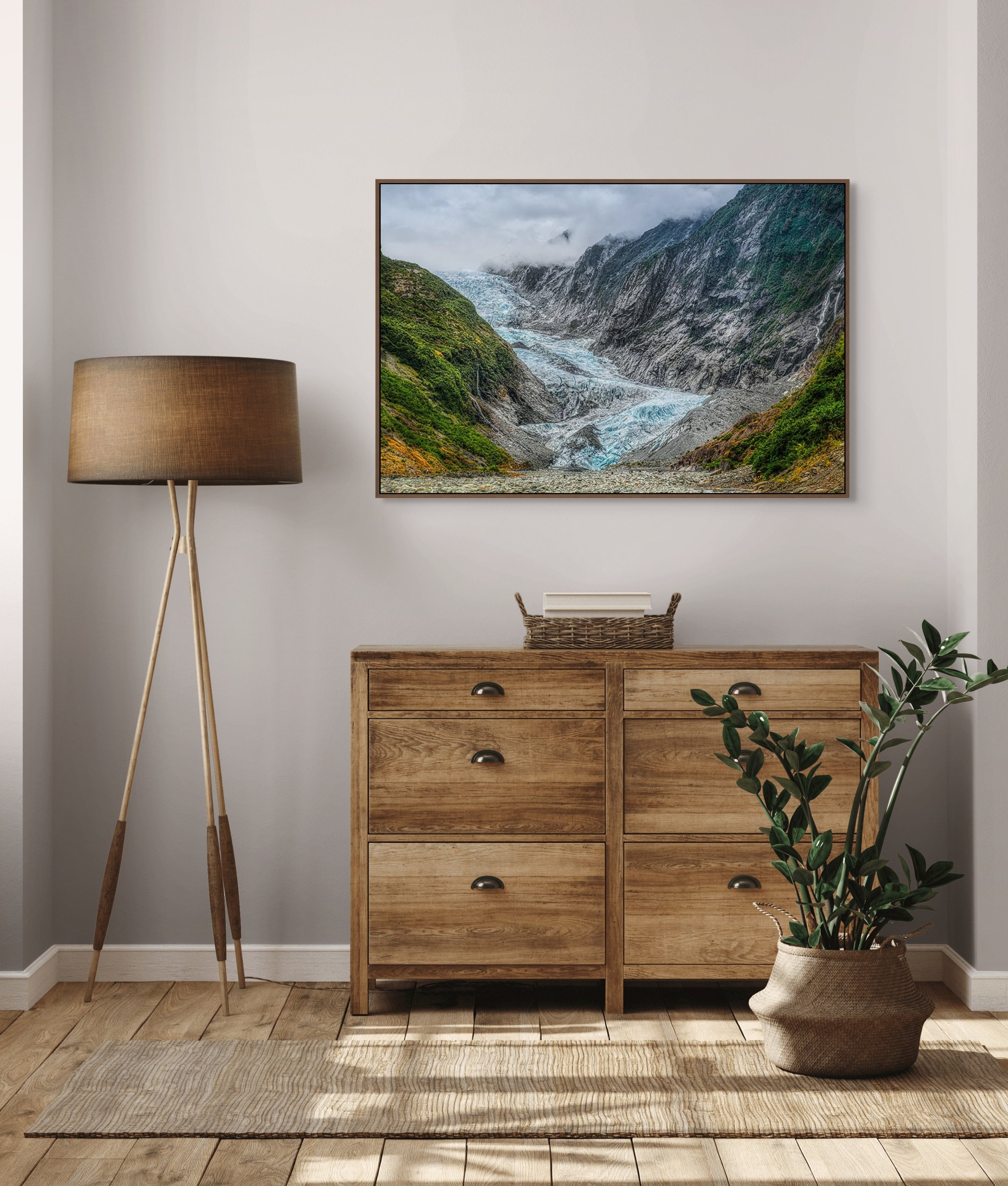 Franz Josef Glacier flowing through rugged alpine valley on New Zealand’s West Coast.