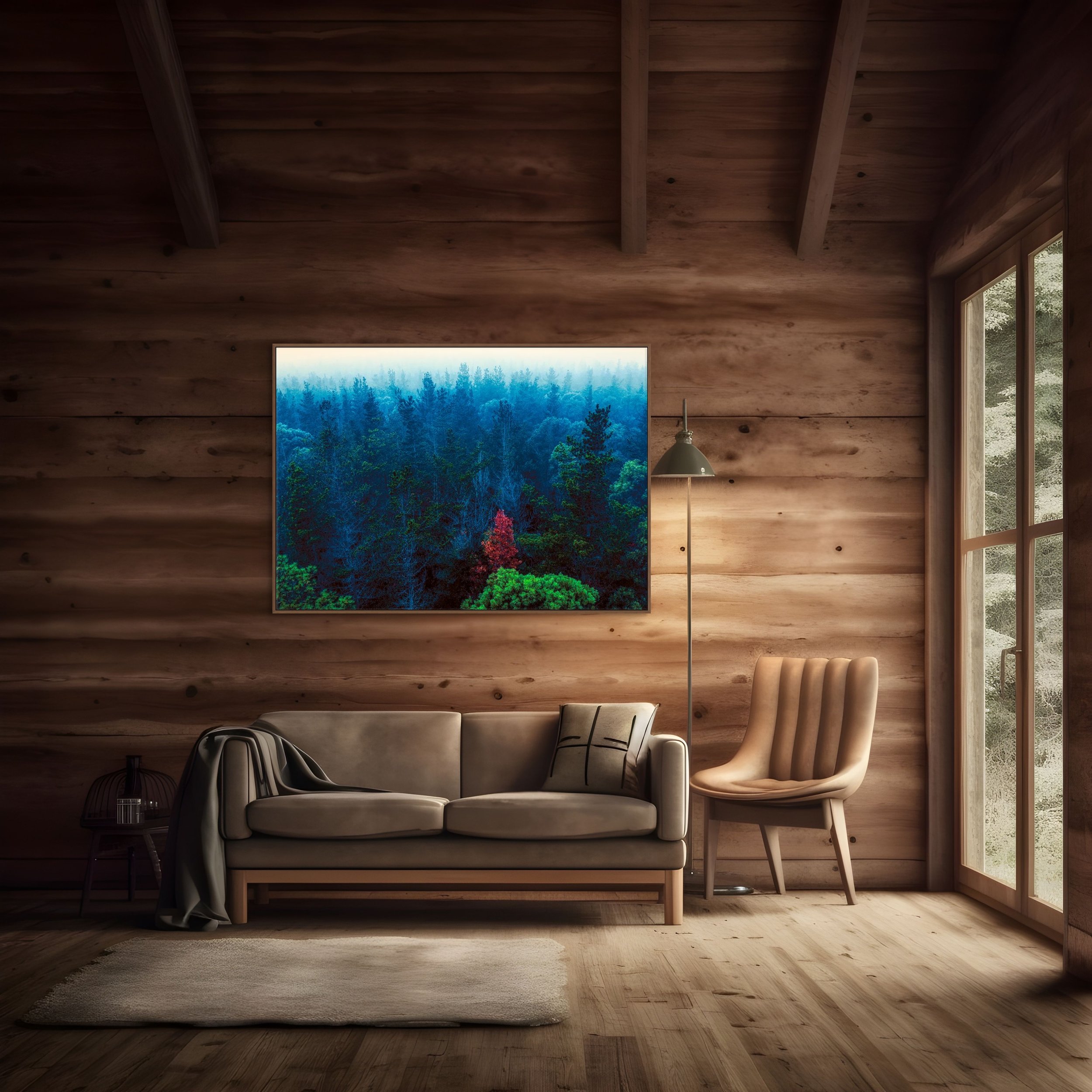 Red tree standing out among blue green forest in misty woodland landscape.