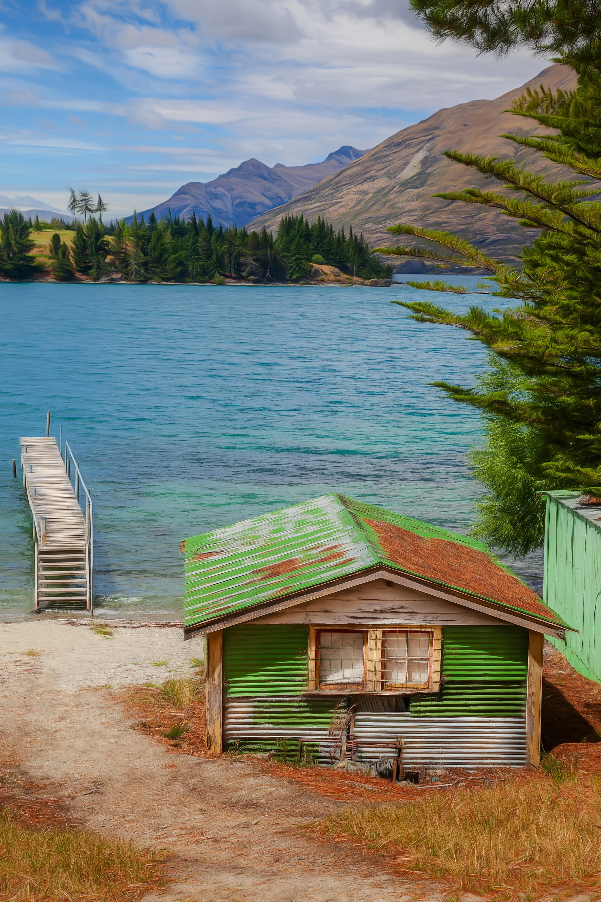 Small lakeside fishing hut and jetty beside a clear alpine lake in New Zealand.