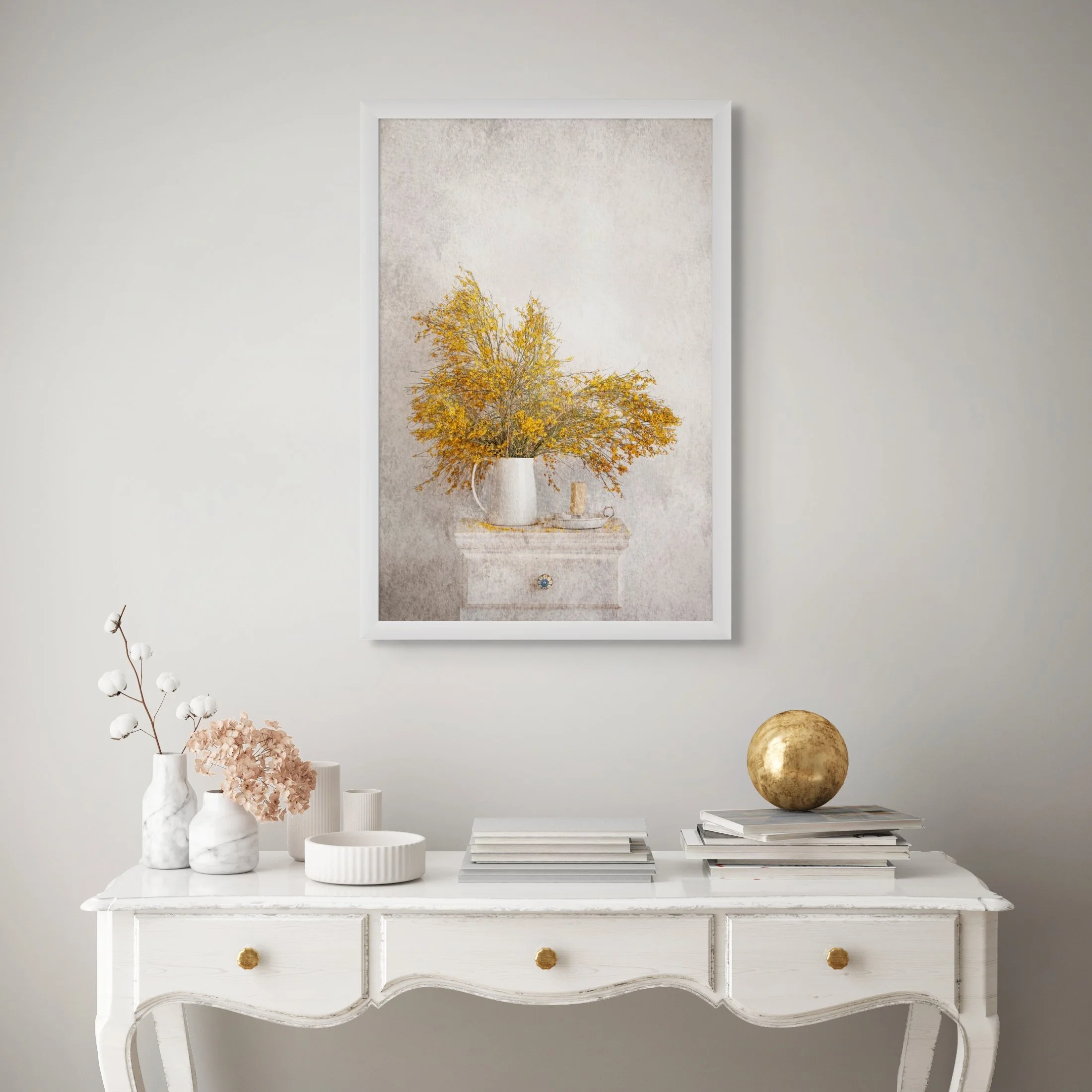 Golden wildflowers arranged in ceramic jug in rustic still life photography.