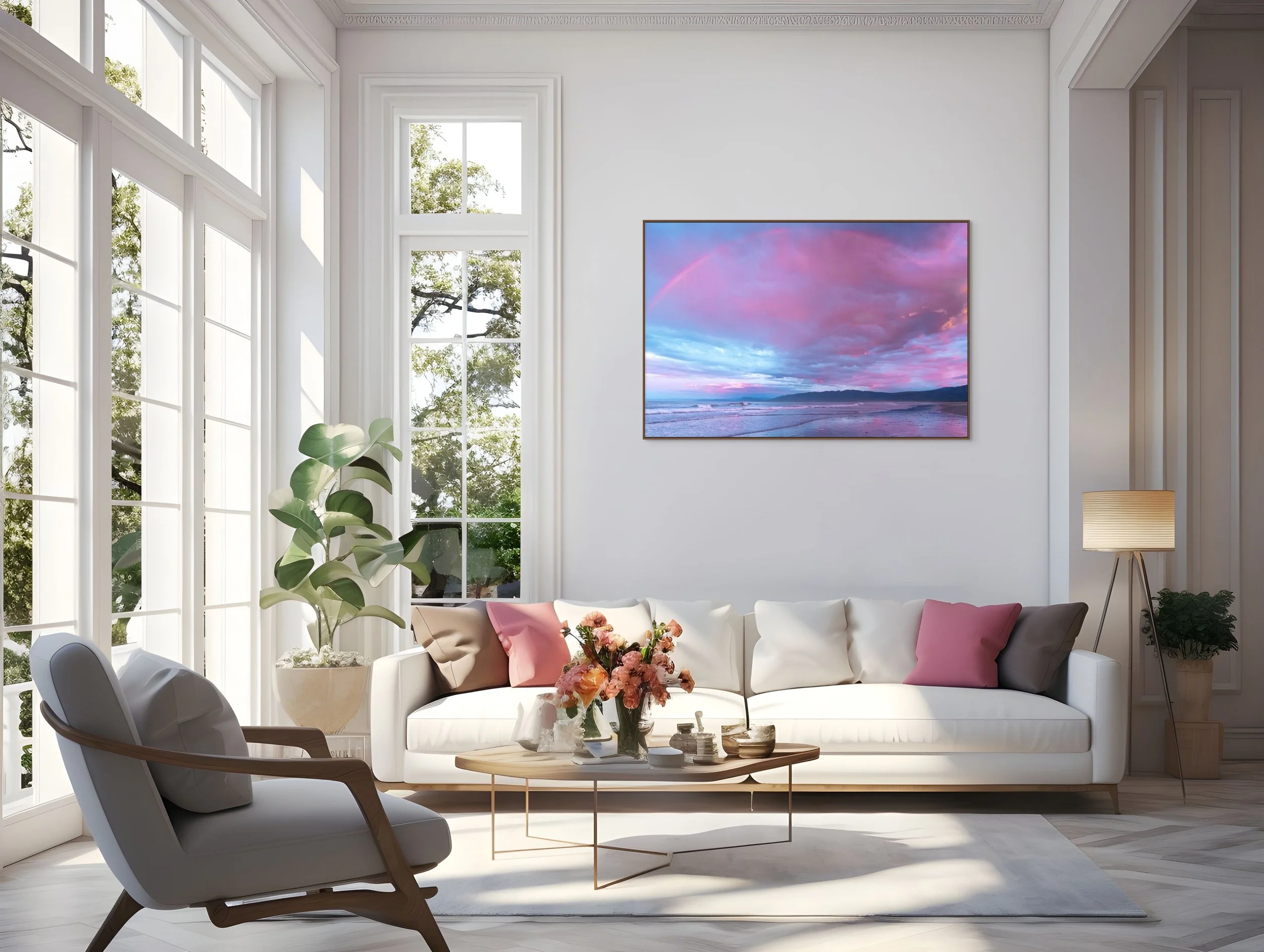 Rainbow arching across a pastel sunset sky above the ocean shoreline.