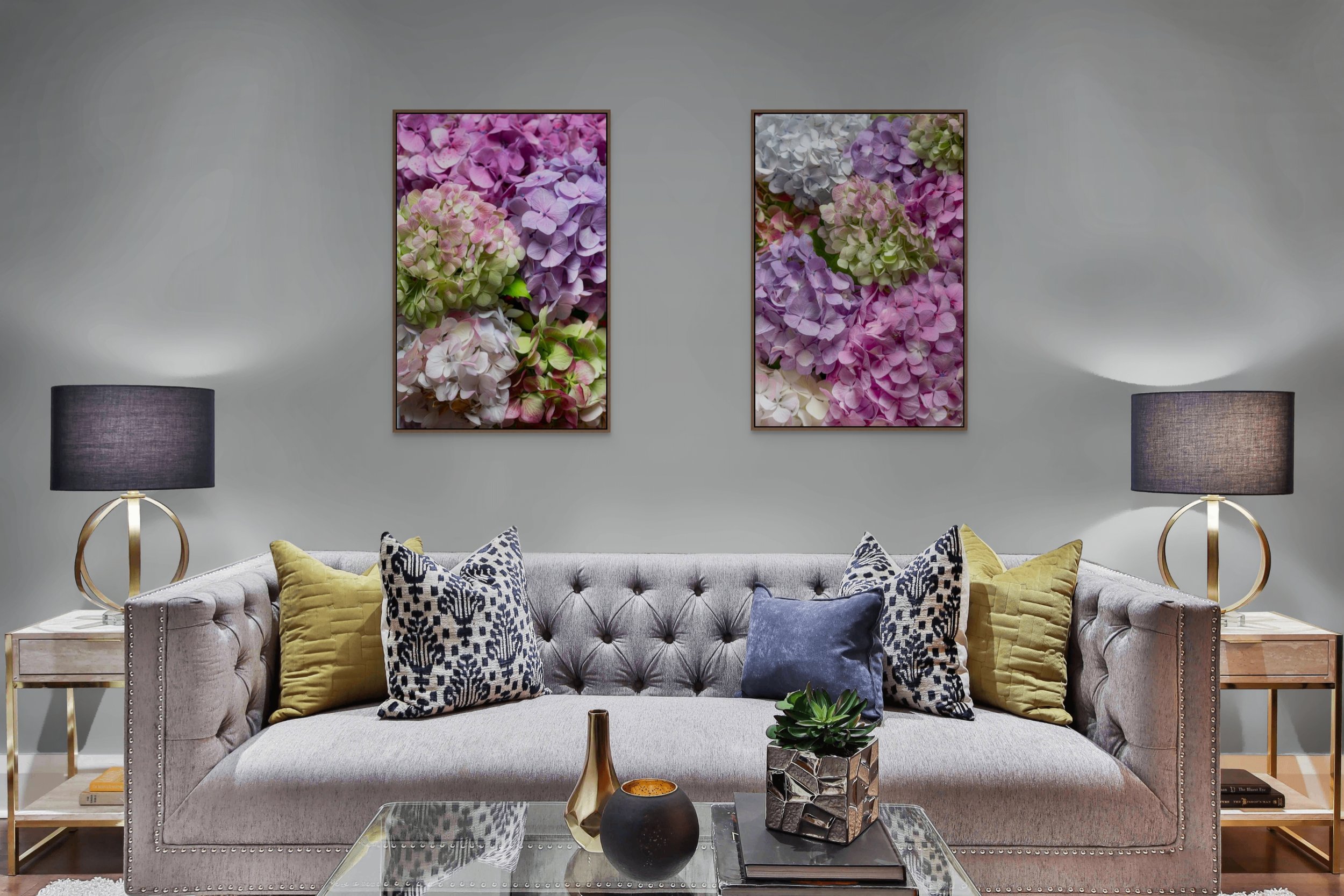 Close-up of pink, lilac and white hydrangea flowers forming a colourful floral composition.