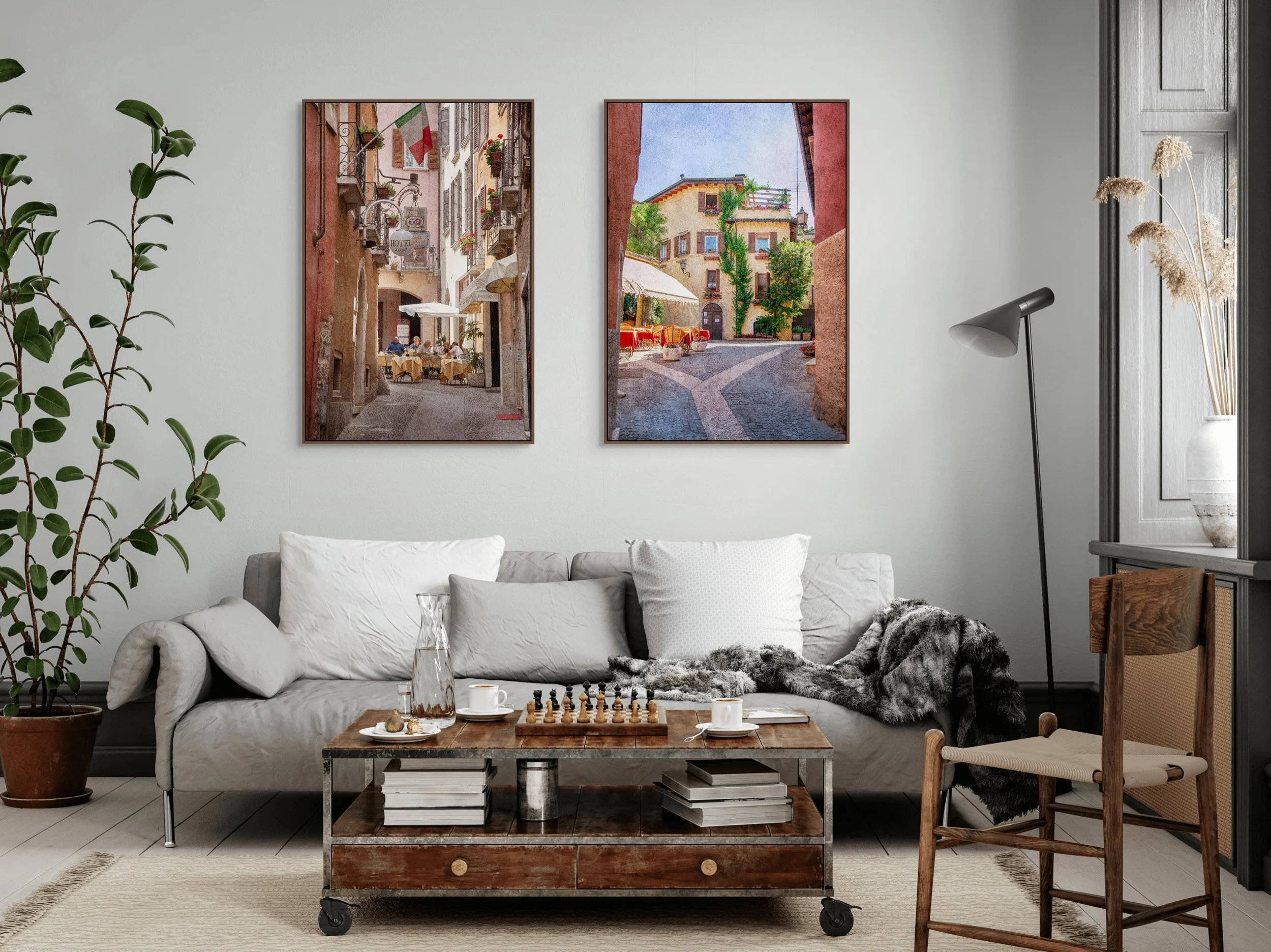 Italian village laneway with café diners, balconies, flowers and Italian flag.