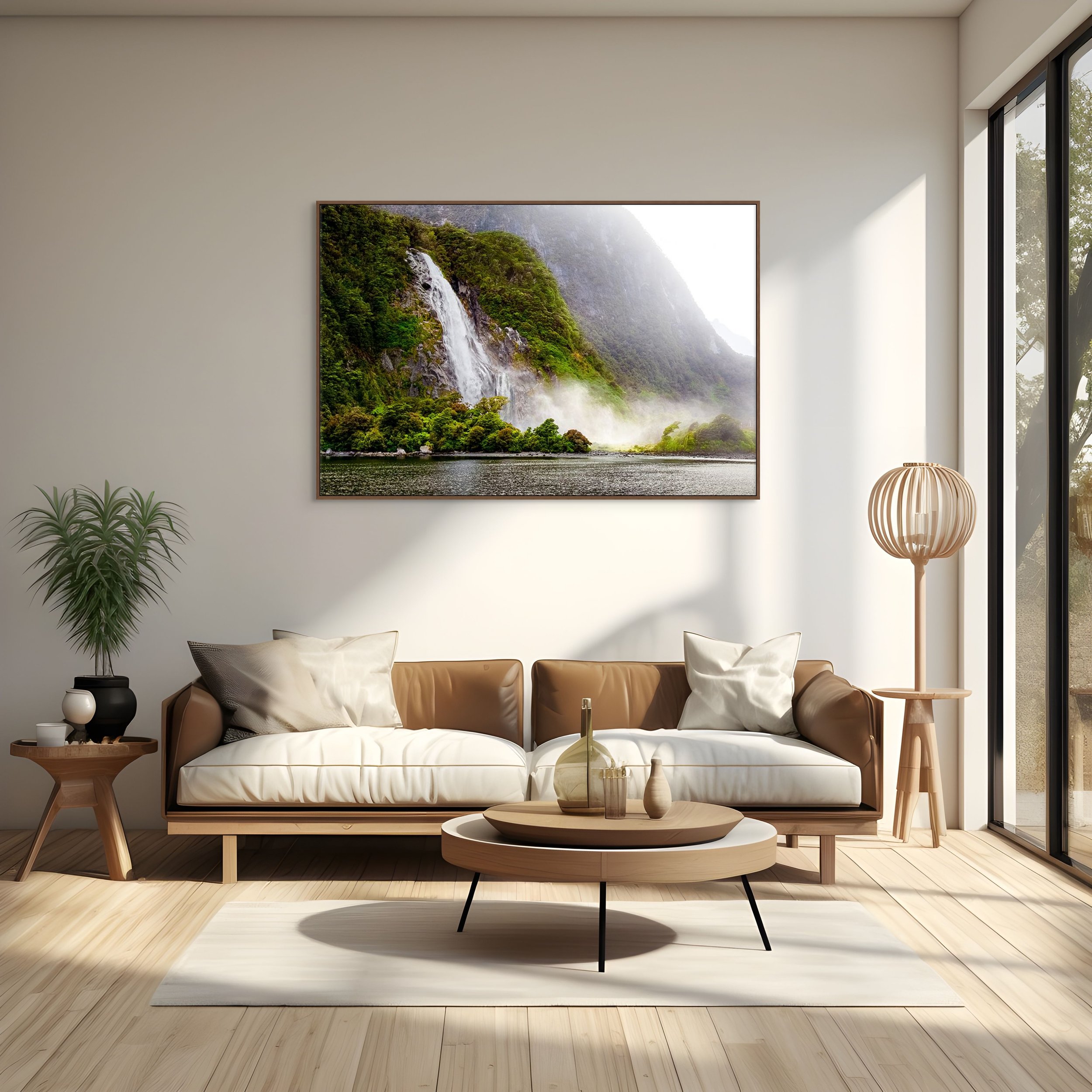 Lady Bowen Falls waterfall flowing down cliffs in Milford Sound New Zealand.