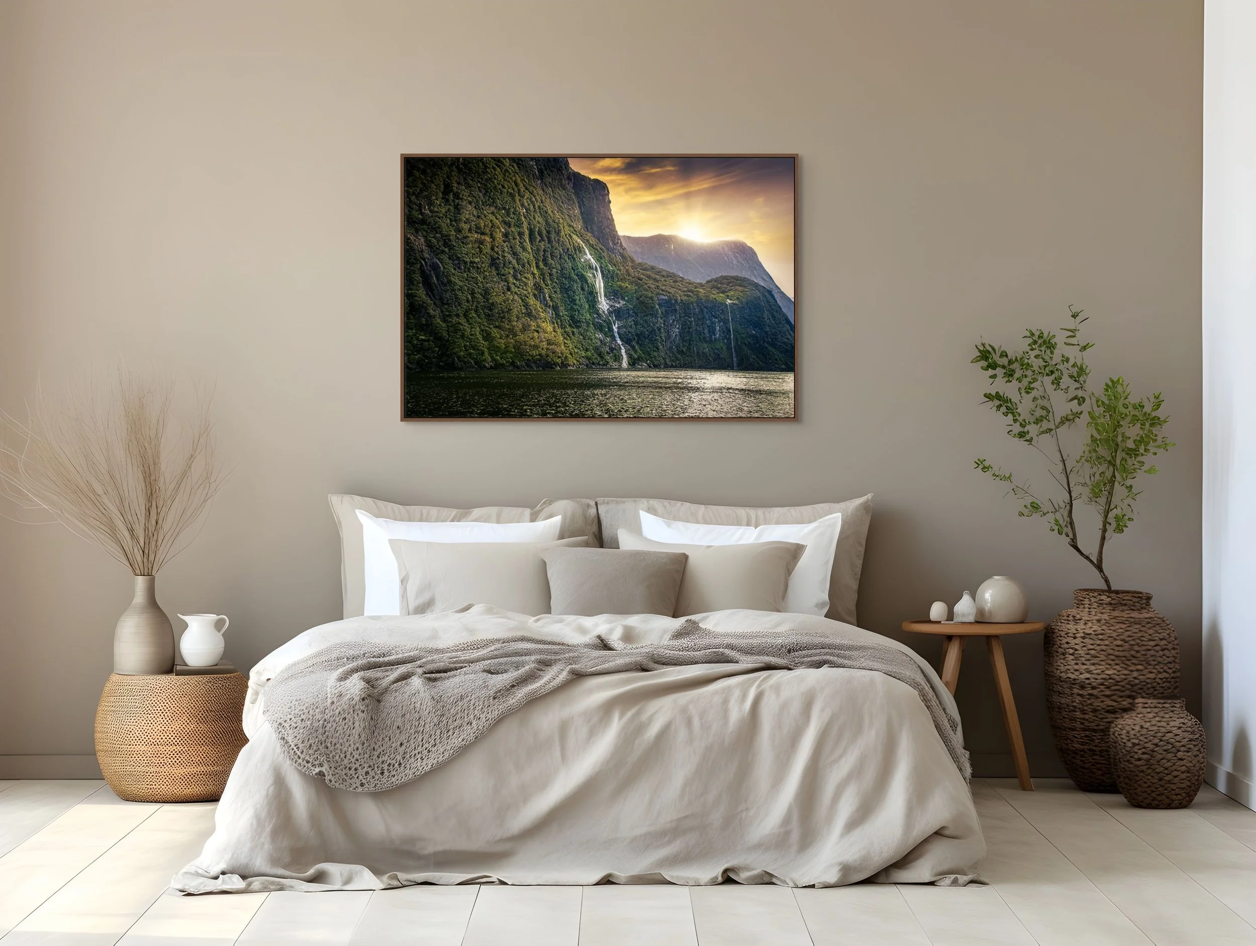 Waterfalls flowing down cliffs at Milford Sound with golden sunset light over the fiord.