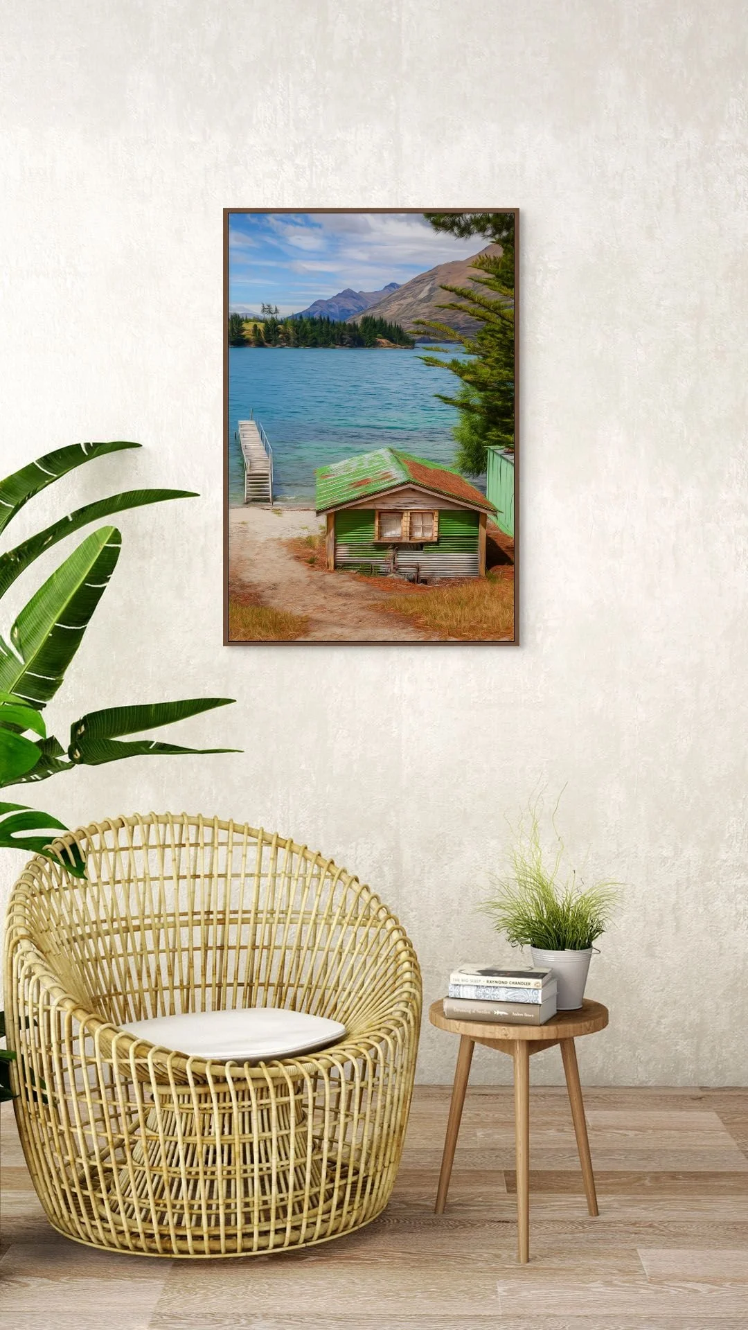 Small lakeside fishing hut and jetty beside a clear alpine lake in New Zealand.