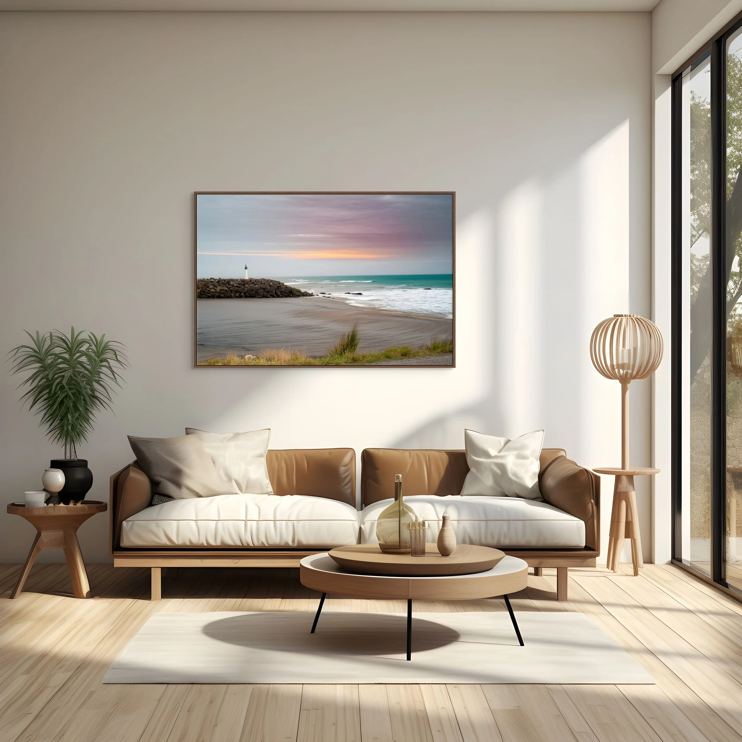 Lighthouse beacon on rocky coastline at sunset in Westport New Zealand.