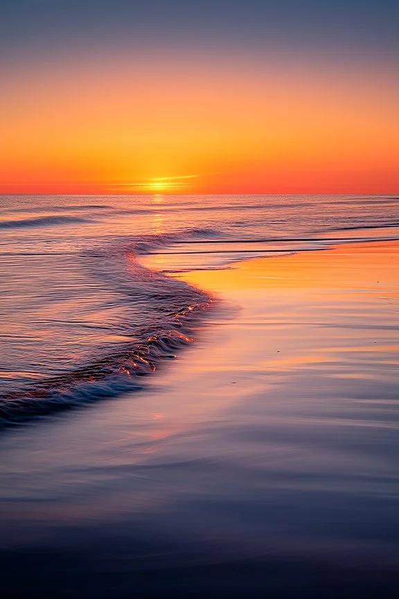 Golden sunset over ocean waves with warm reflections on wet sand.