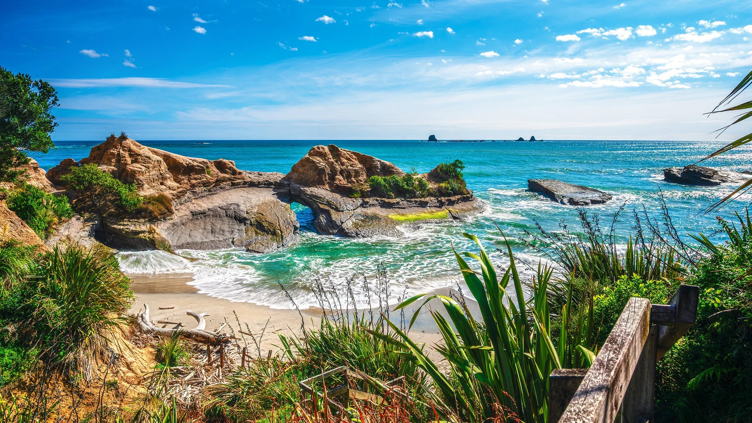 A scenic view of a rocky coastline with a natural archway, surrounded by lush green plants, overlooking the ocean under a partly cloudy sky.