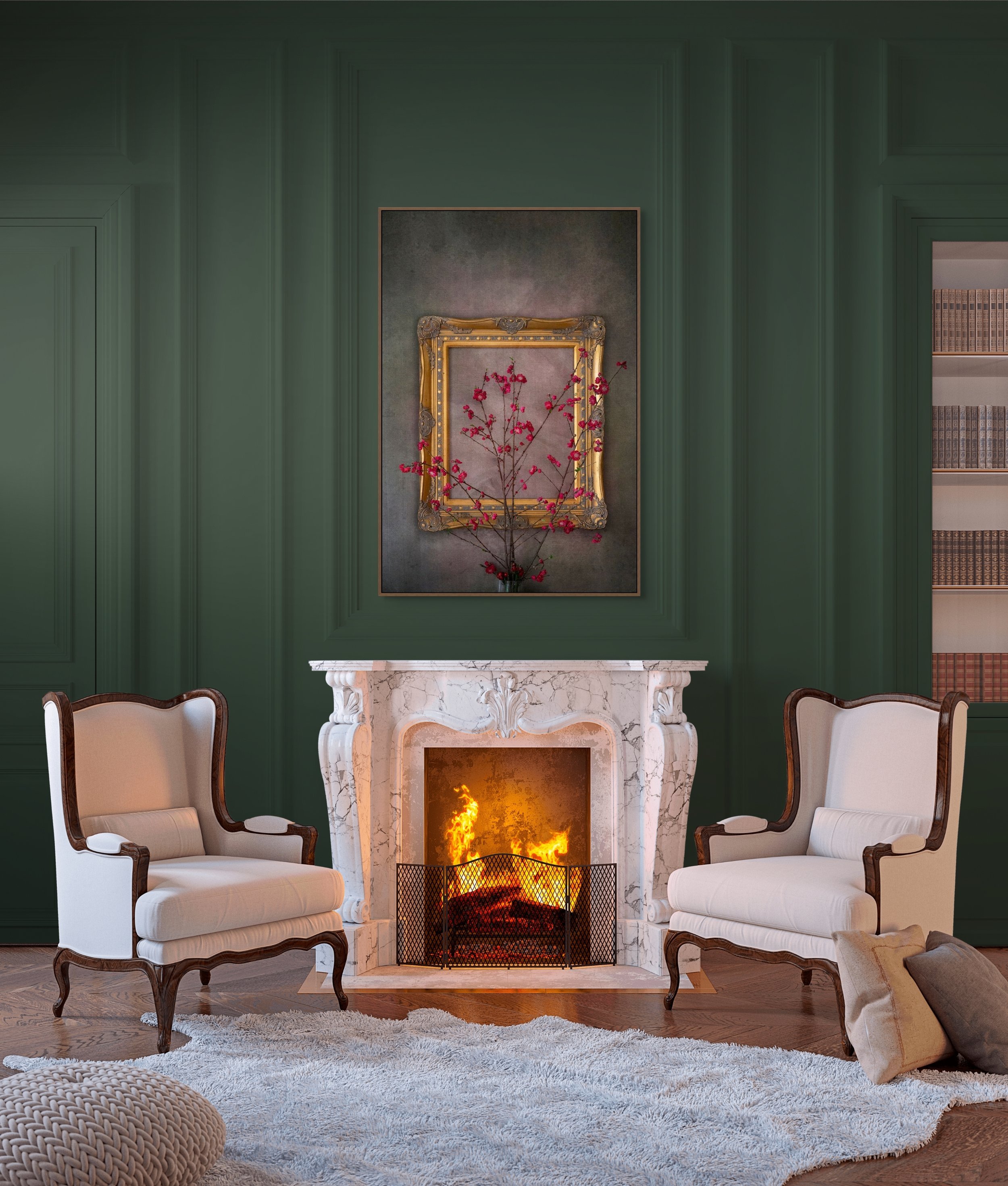 Painterly floral fine art photograph of vivid crimson blossoms reach outward from slender branches, arranged before an ornate antique frame that adds depth and, by From The Field.