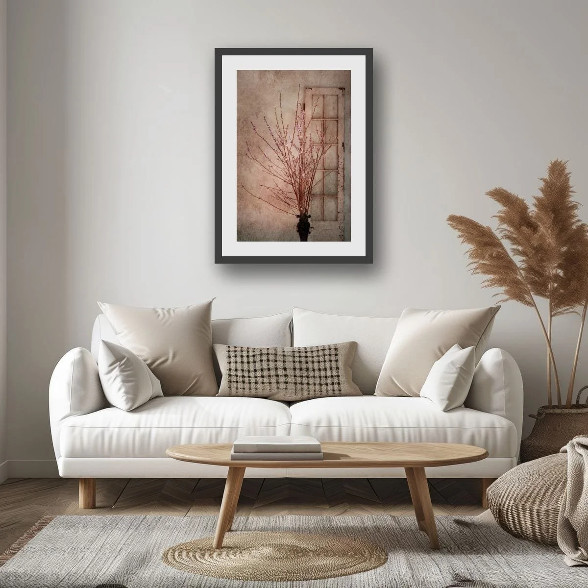 Pink blossom arrangement beside a vintage window.
