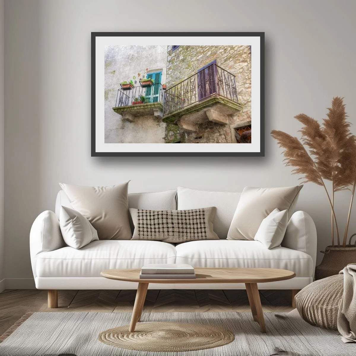 Historic Italian balconies with colourful shutters and stone walls.