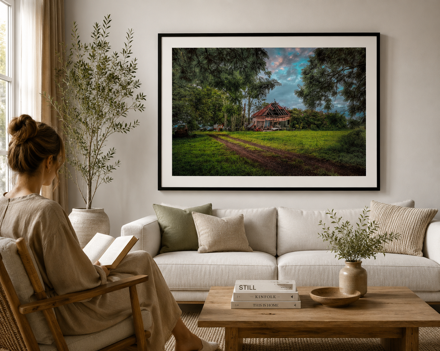 Abandoned rural homestead surrounded by trees and grassland.
