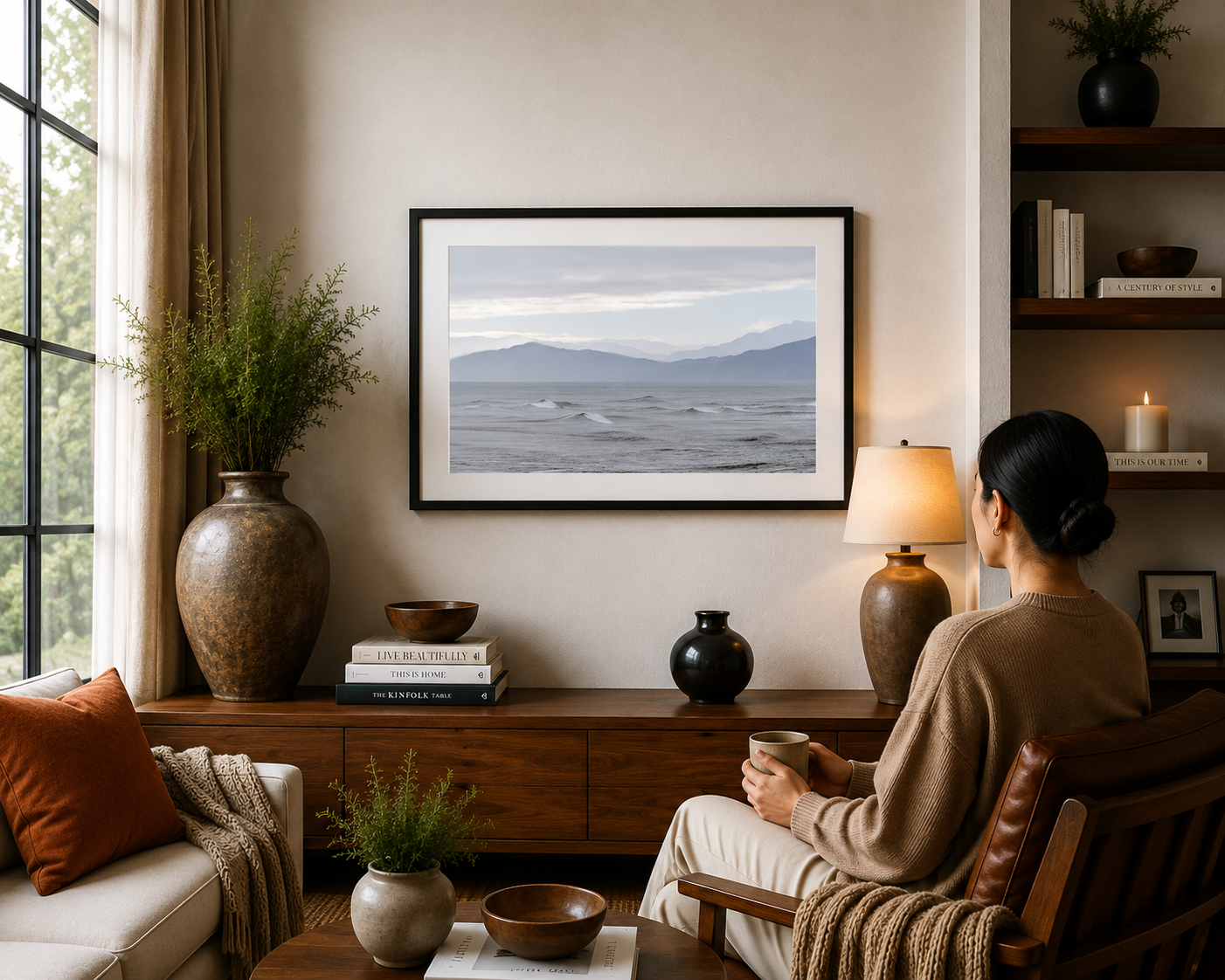 Rolling waves with layered mountain ranges on the West Coast.