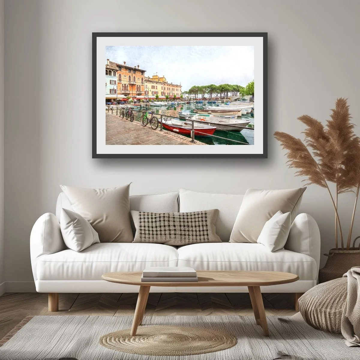 Italian waterfront village with boats, cafés and historic buildings.