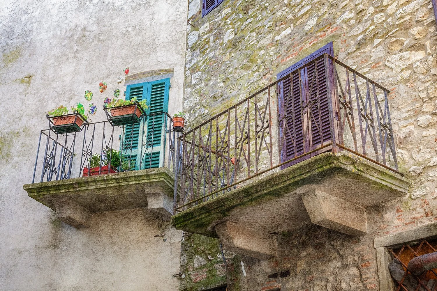 Historic Italian balconies with colourful shutters and stone walls.