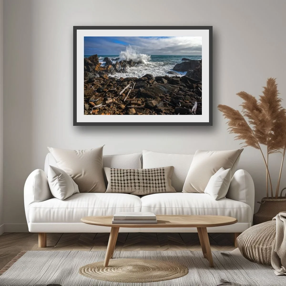 Ocean waves crashing against rocky coastline on the West Coast.