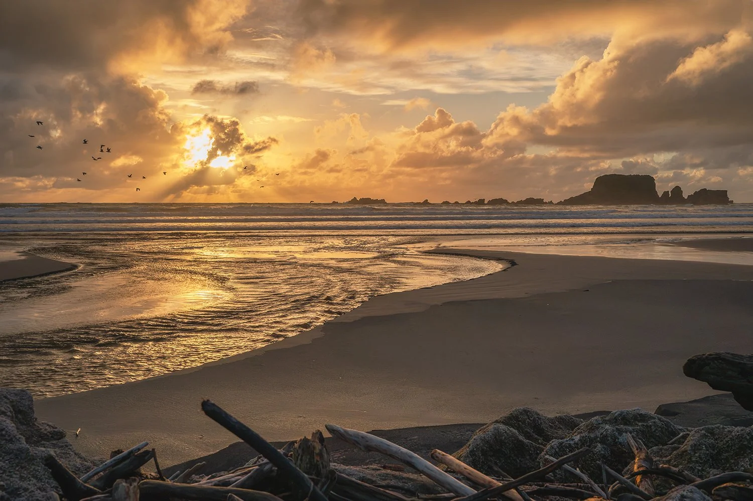 Golden sunlight breaking through clouds over a beach, tidal stream, seabirds and distant rocky sea stacks.