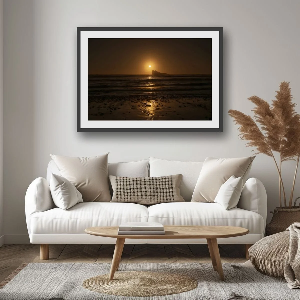Golden sunset above offshore rock reflecting across the Tasman Sea.