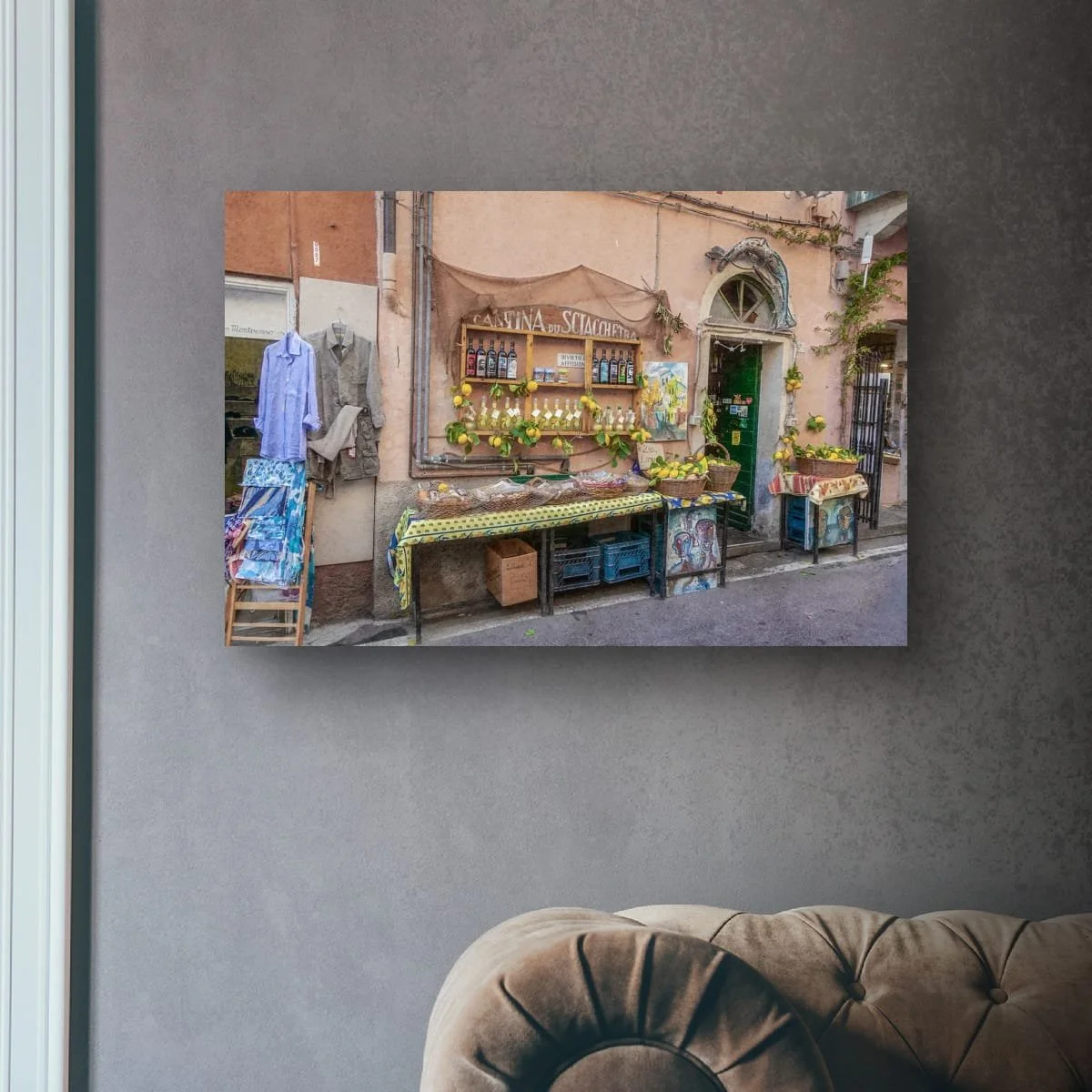 Italian storefront with lemons, wine bottles and rustic village details.