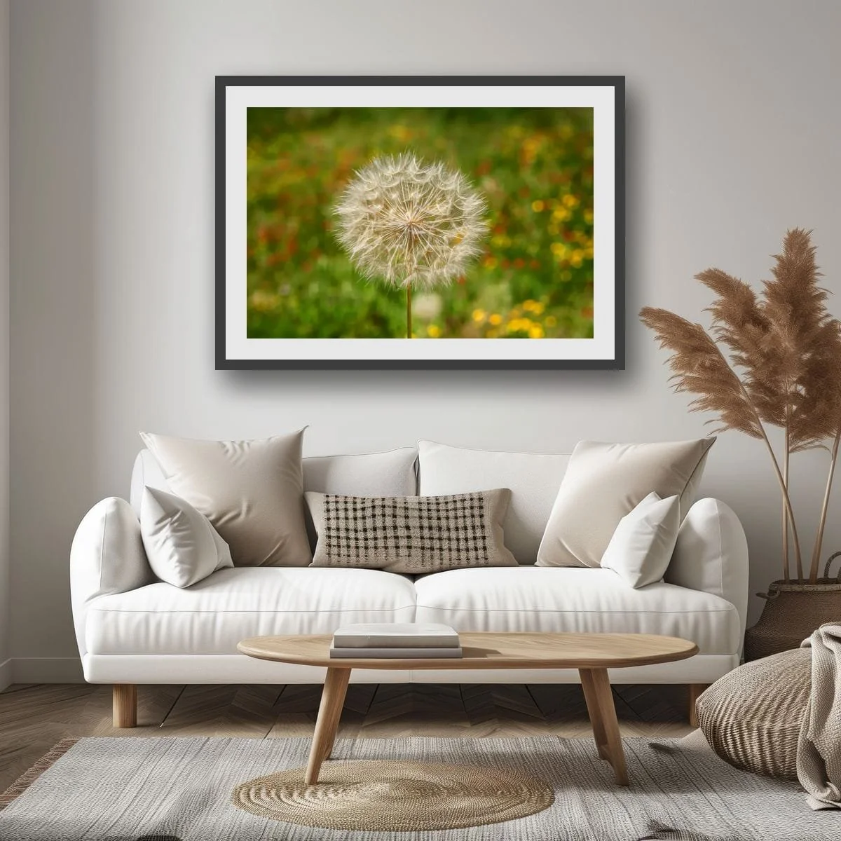 Close-up photograph of a dandelion seed head in a meadow.