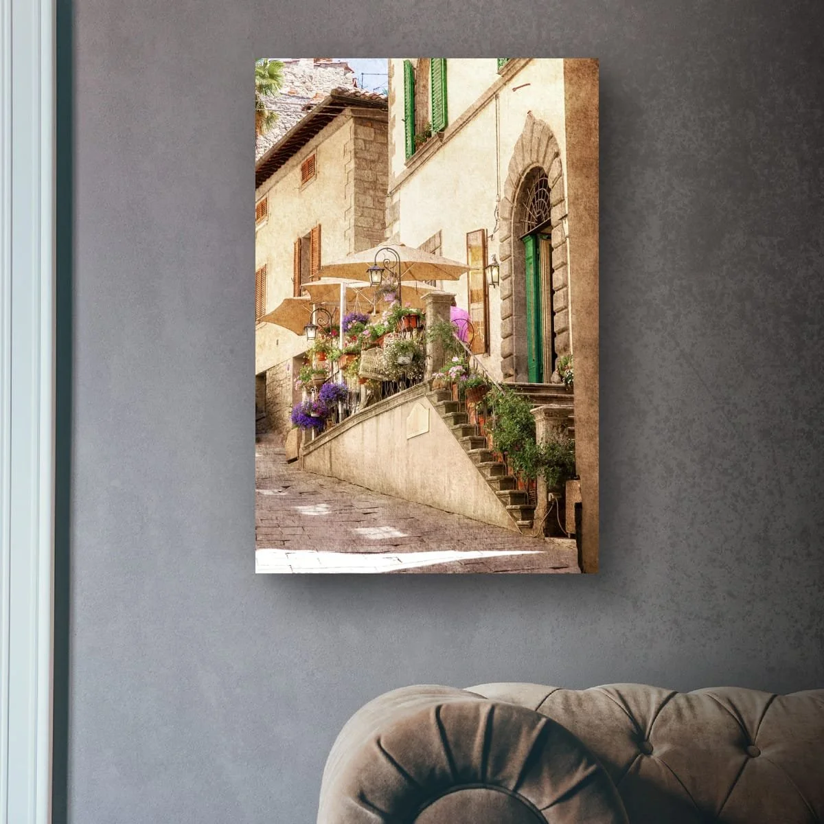Flower-filled entrance to a Tuscan osteria in morning light.