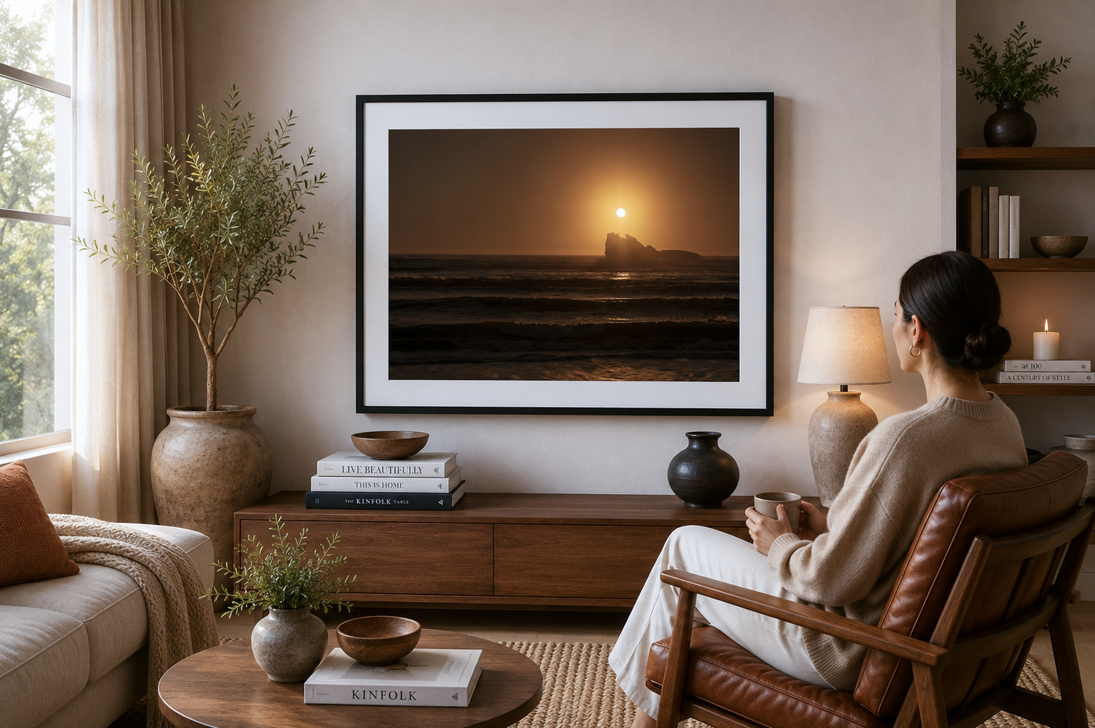 Sunlight streaming through a coastal cypress overlooking a misty West Coast beach in Buller, New Zealand.
