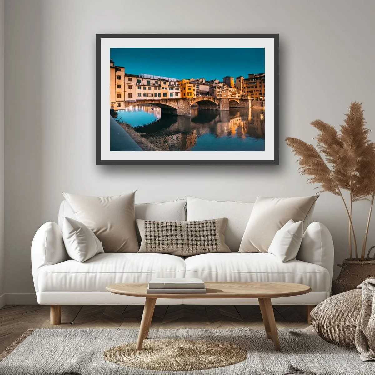 Ponte Vecchio bridge reflected in the Arno River at dusk.