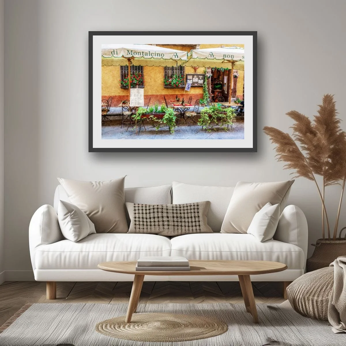 Traditional Italian café courtyard with ivy, flowers and outdoor tables.
