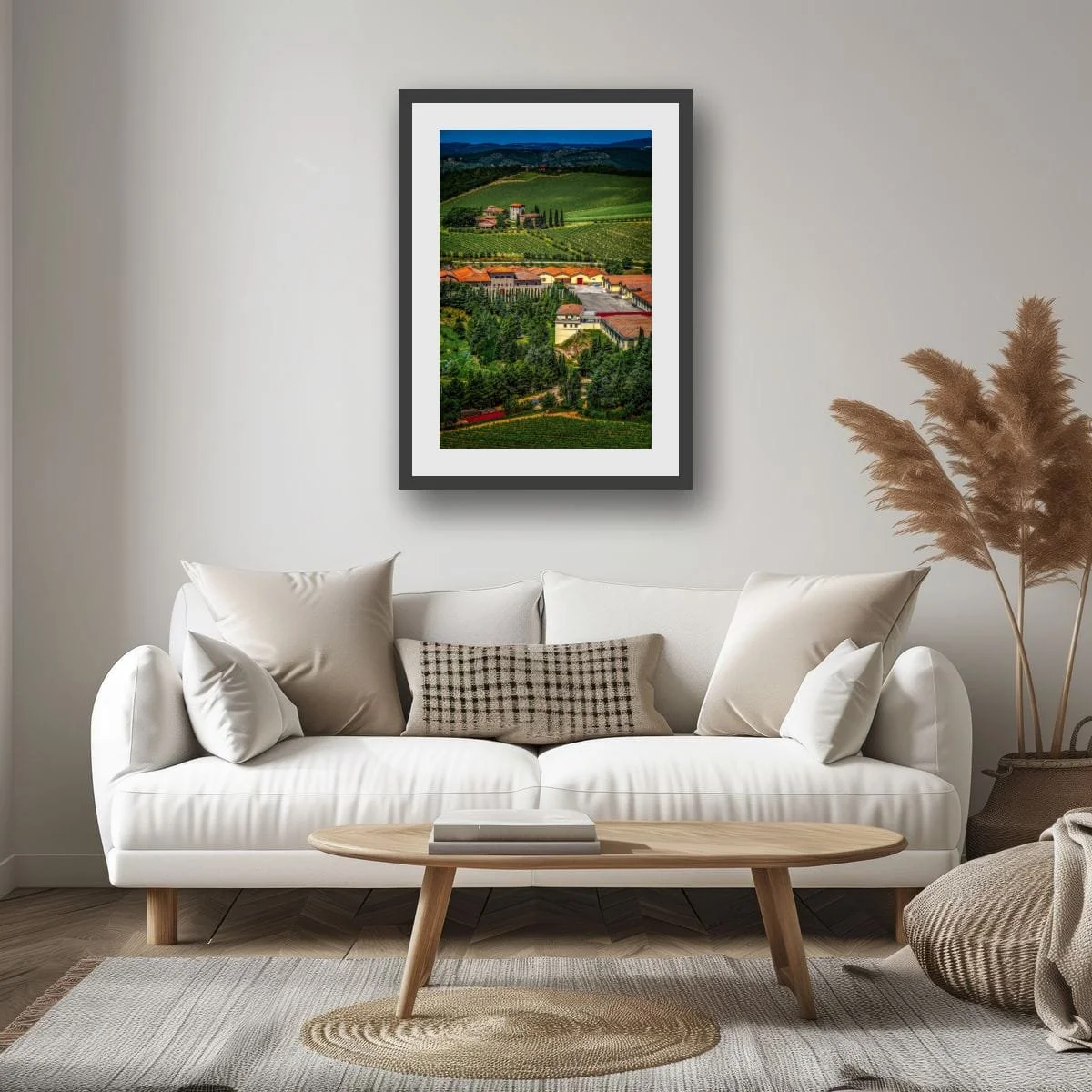 Tuscan countryside with vineyards, cypress trees and rolling hills.