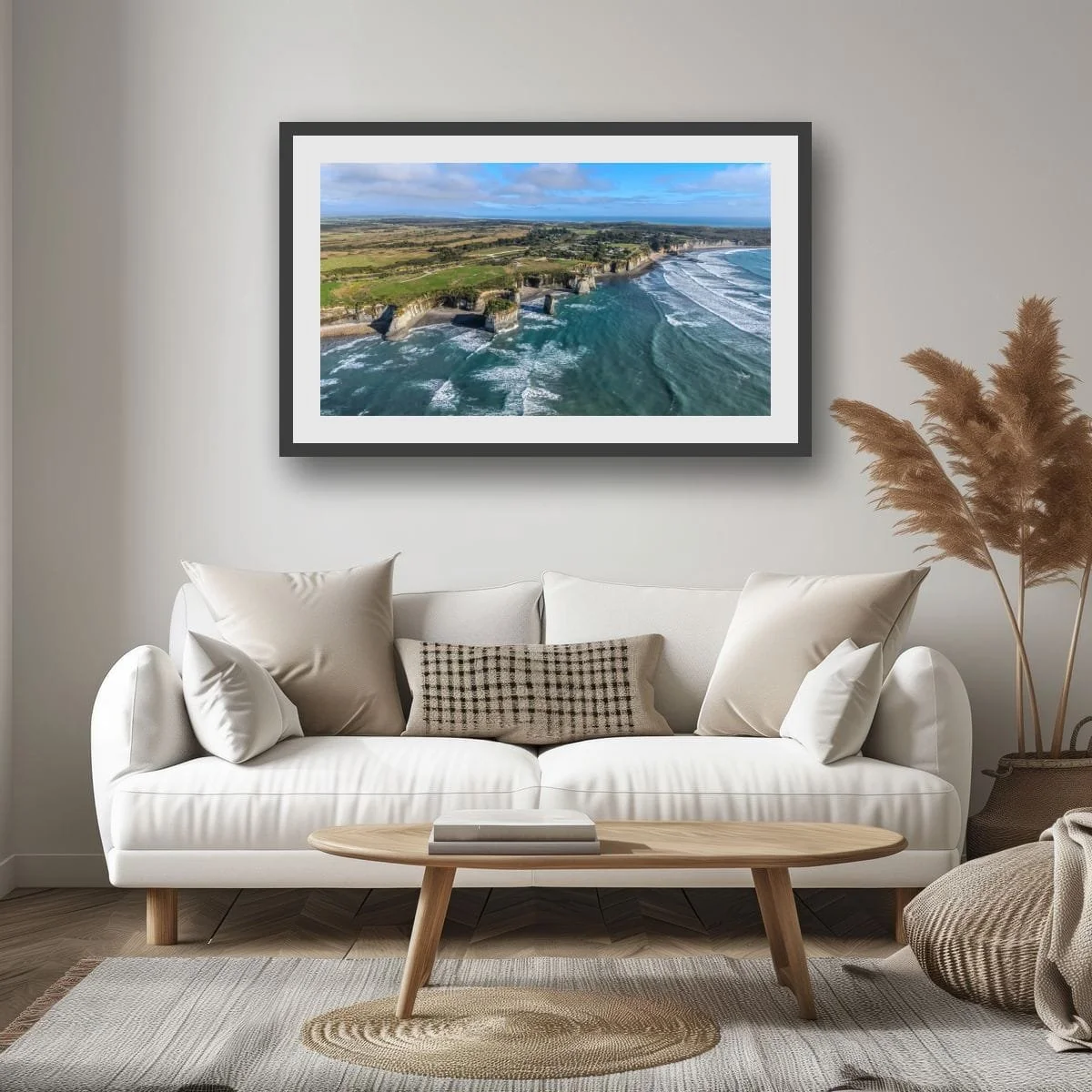 Aerial photograph of rugged coastal cliffs and ocean on New Zealand's West Coast.
