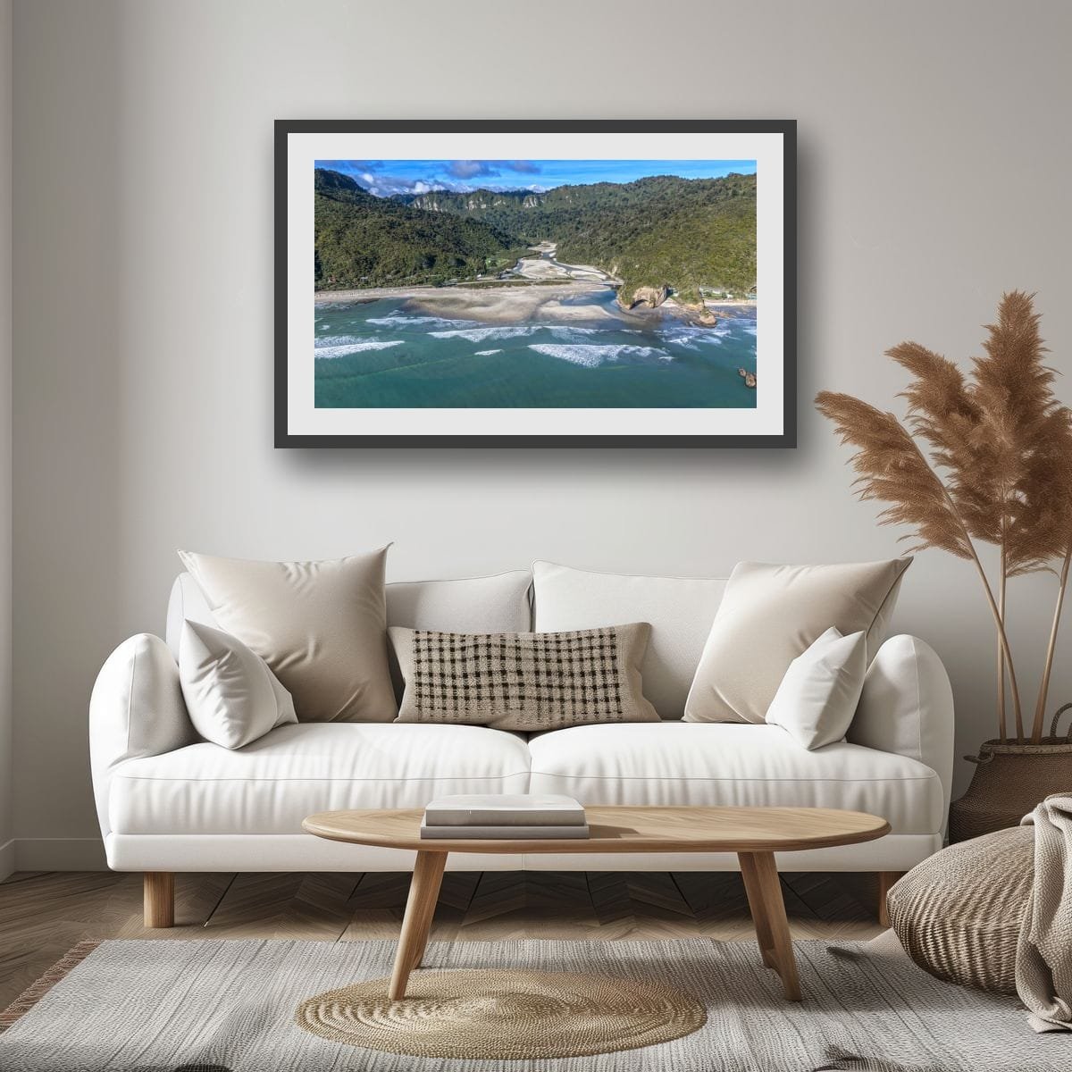 Aerial view of river mouth, beach and ocean waves on the West Coast.