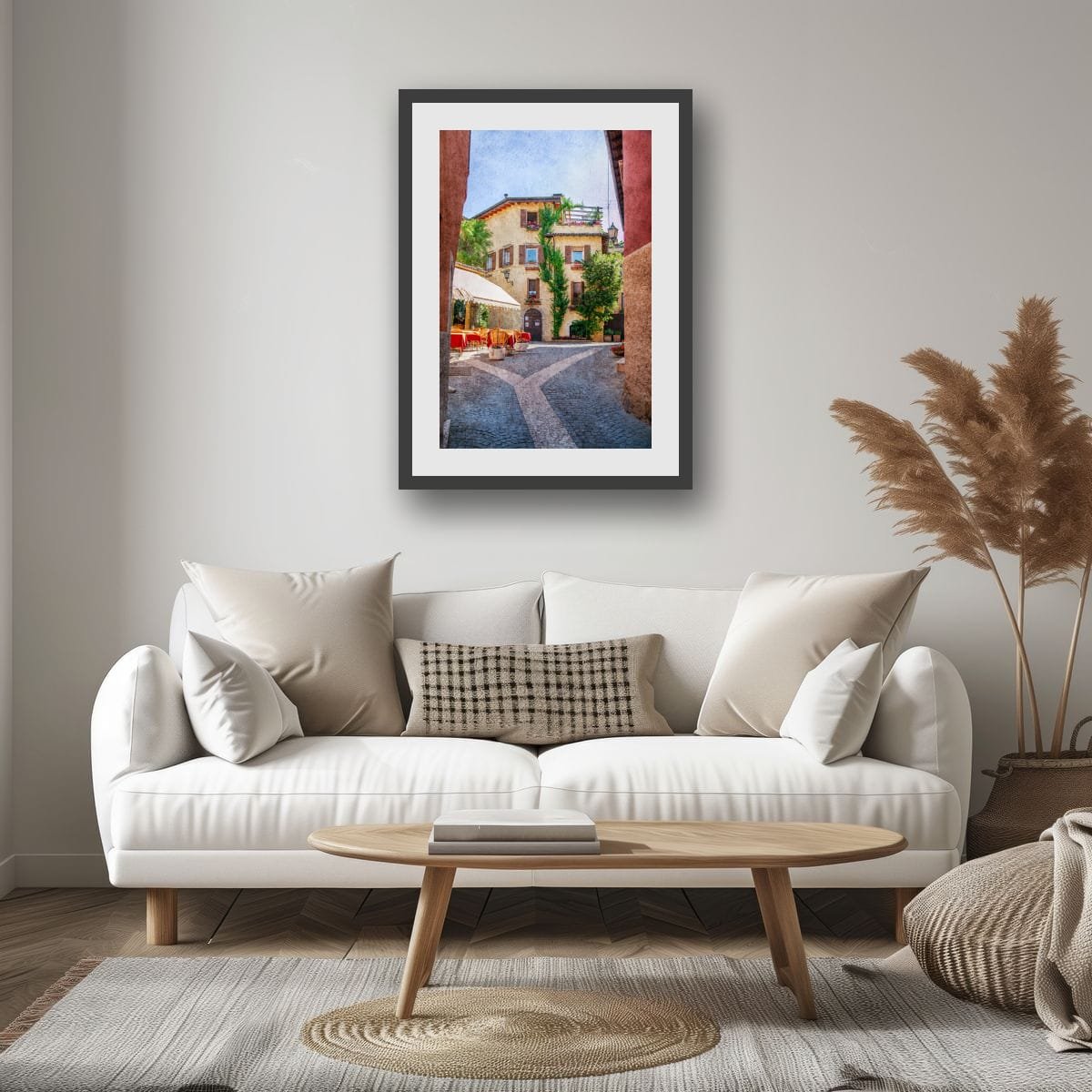 Italian terrace framed by historic buildings and flowers.