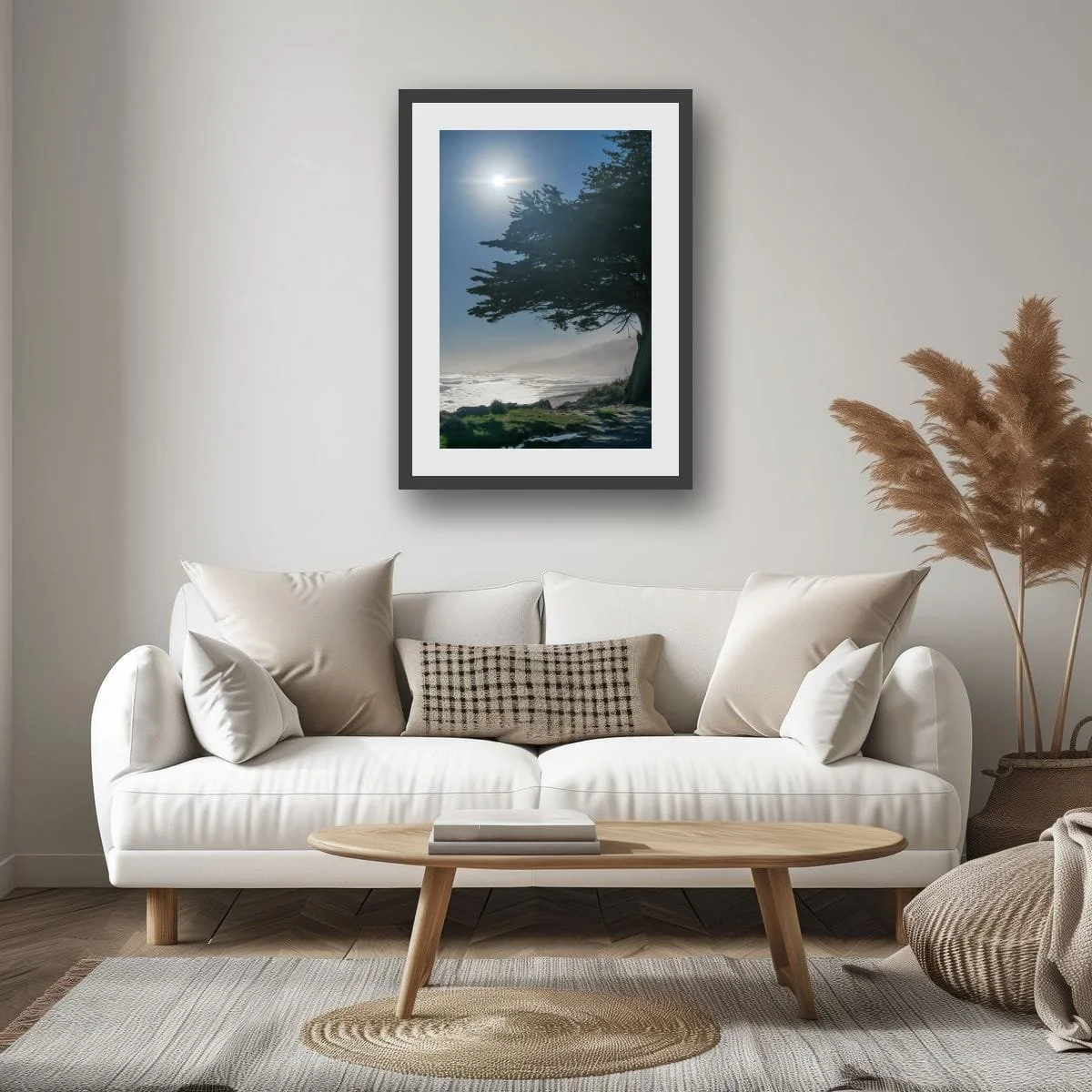 Sunlight shining above a coastal cypress overlooking a misty West Coast shoreline.