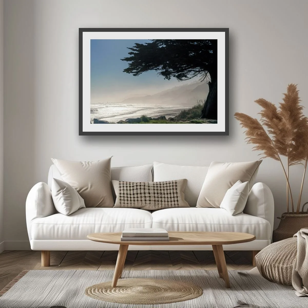 Coastal cypress overlooking misty layered shoreline on New Zealand's West Coast.