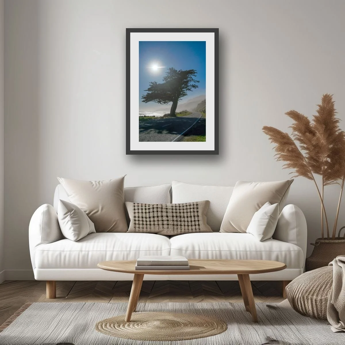 Iconic coastal cypress beside winding Buller coastal road overlooking the Tasman Sea.