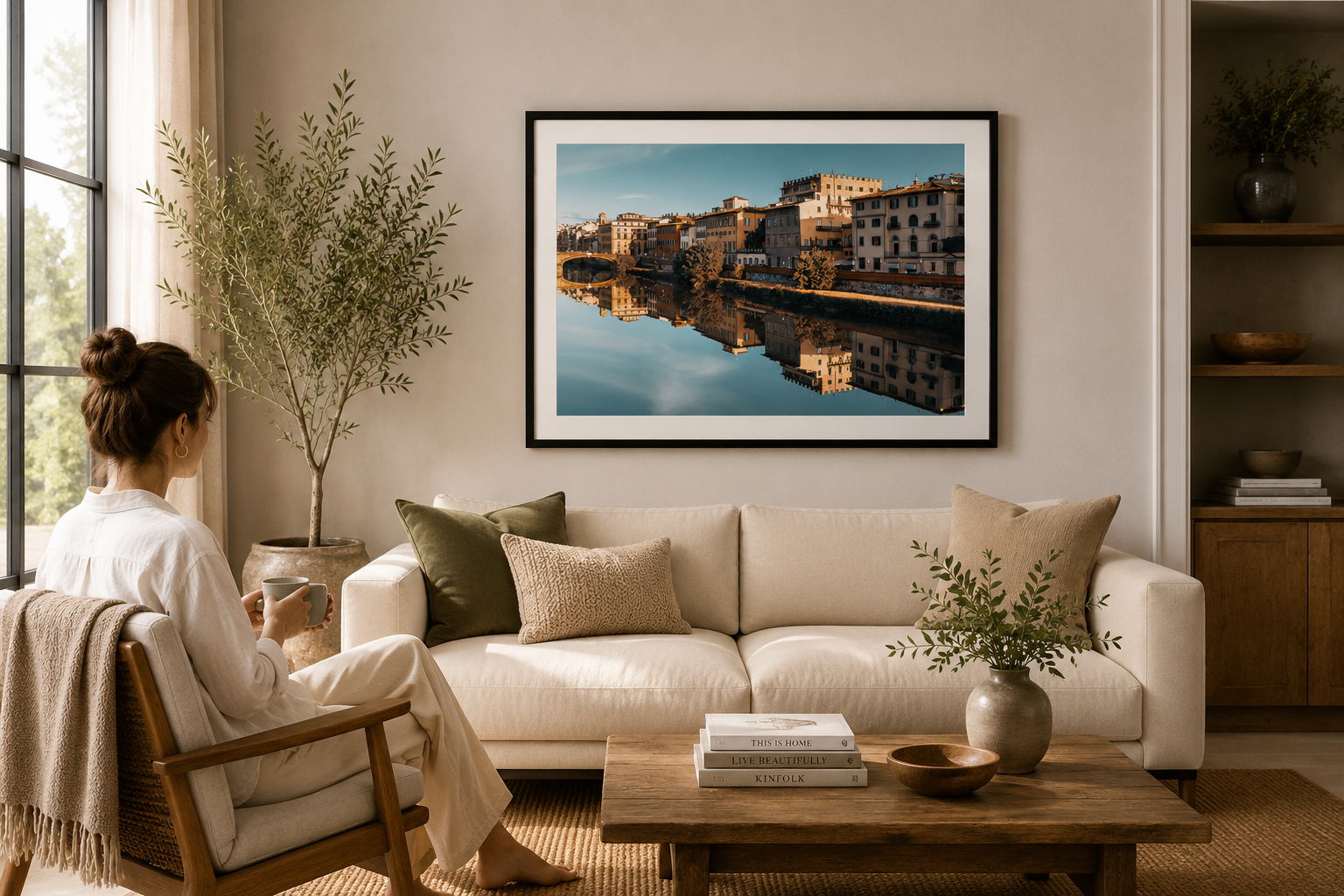 Historic Florence buildings reflected in calm river water.