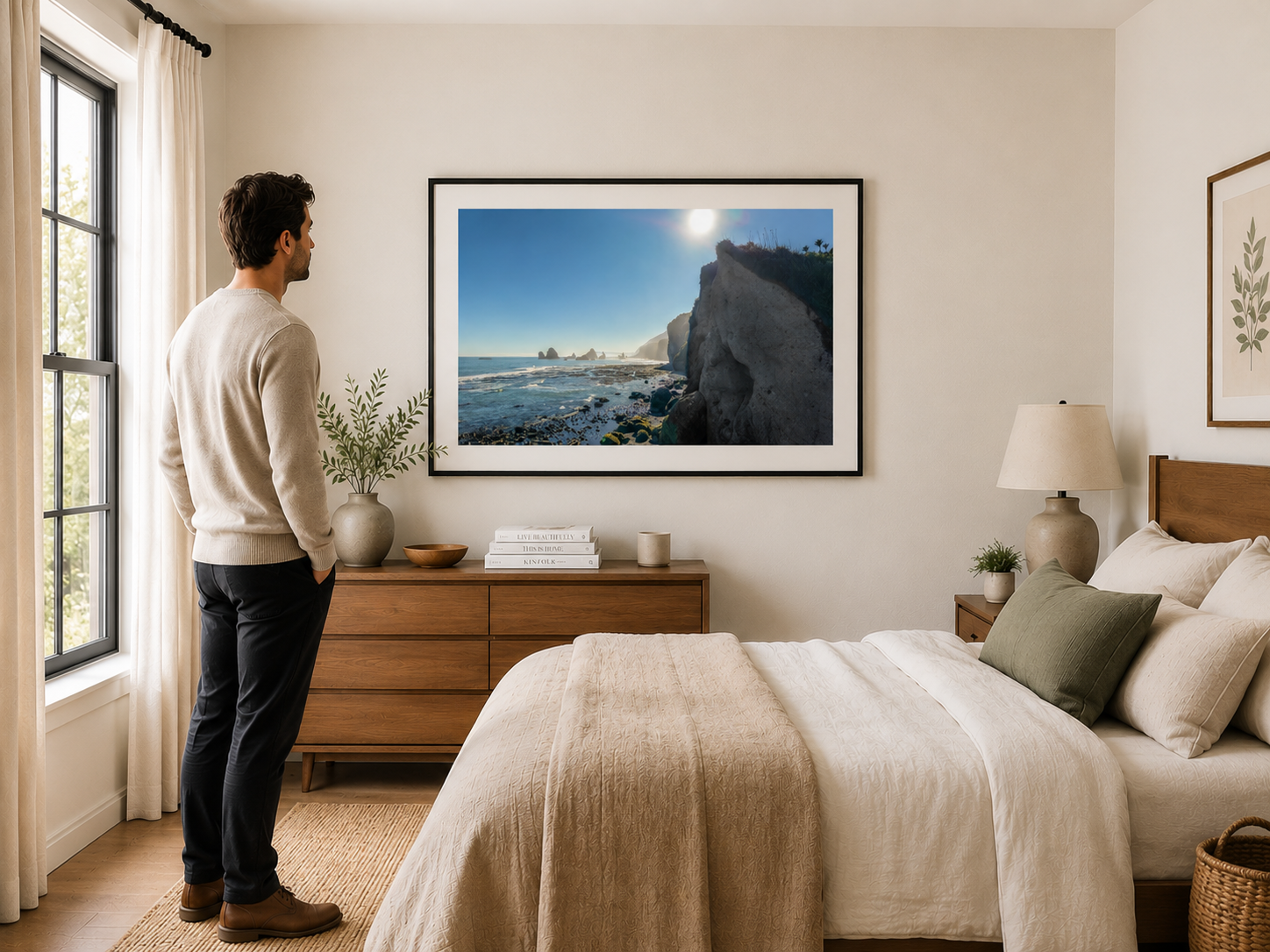 Rugged coastline with cliffs, sea stacks and rocky shoreline.