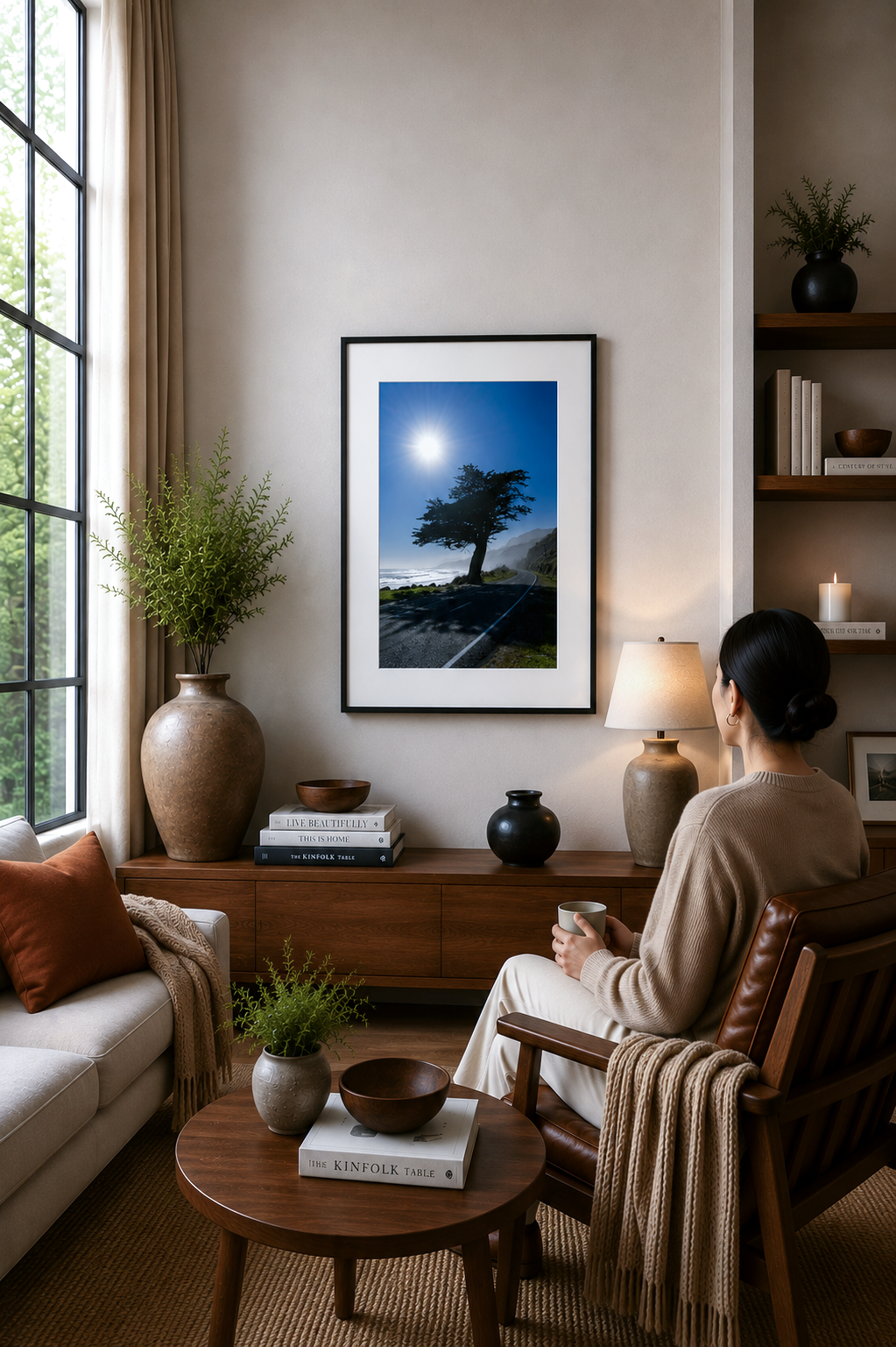 Iconic coastal cypress beside winding Buller coastal road overlooking the Tasman Sea.