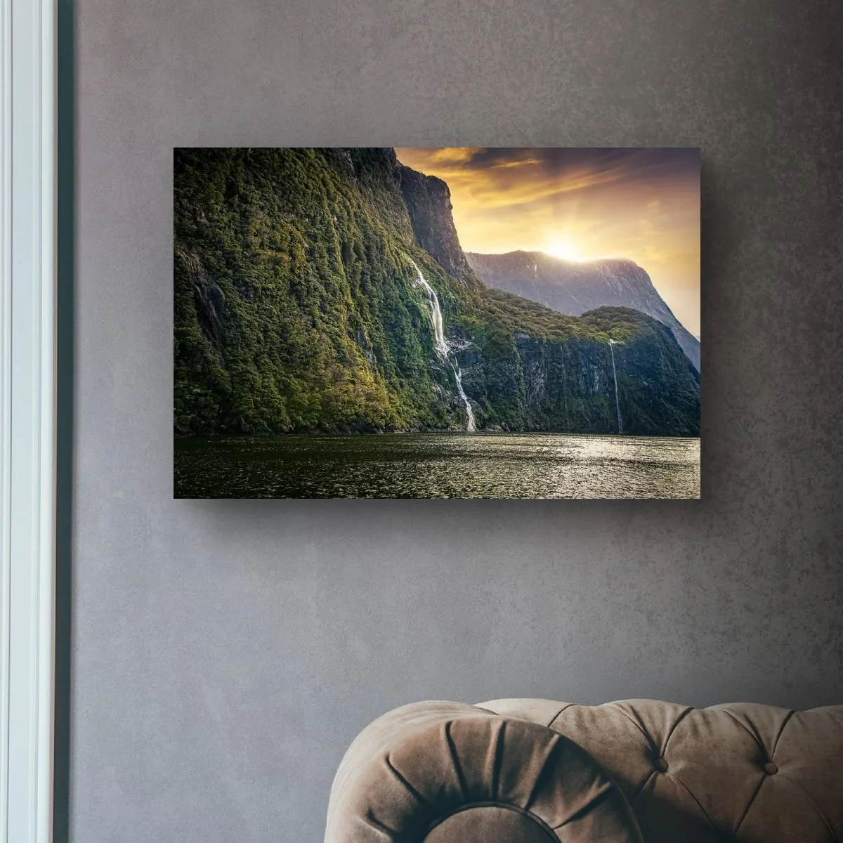 Silver Linings1.jpegWaterfalls and cliffs in Milford Sound illuminated by sunlight.