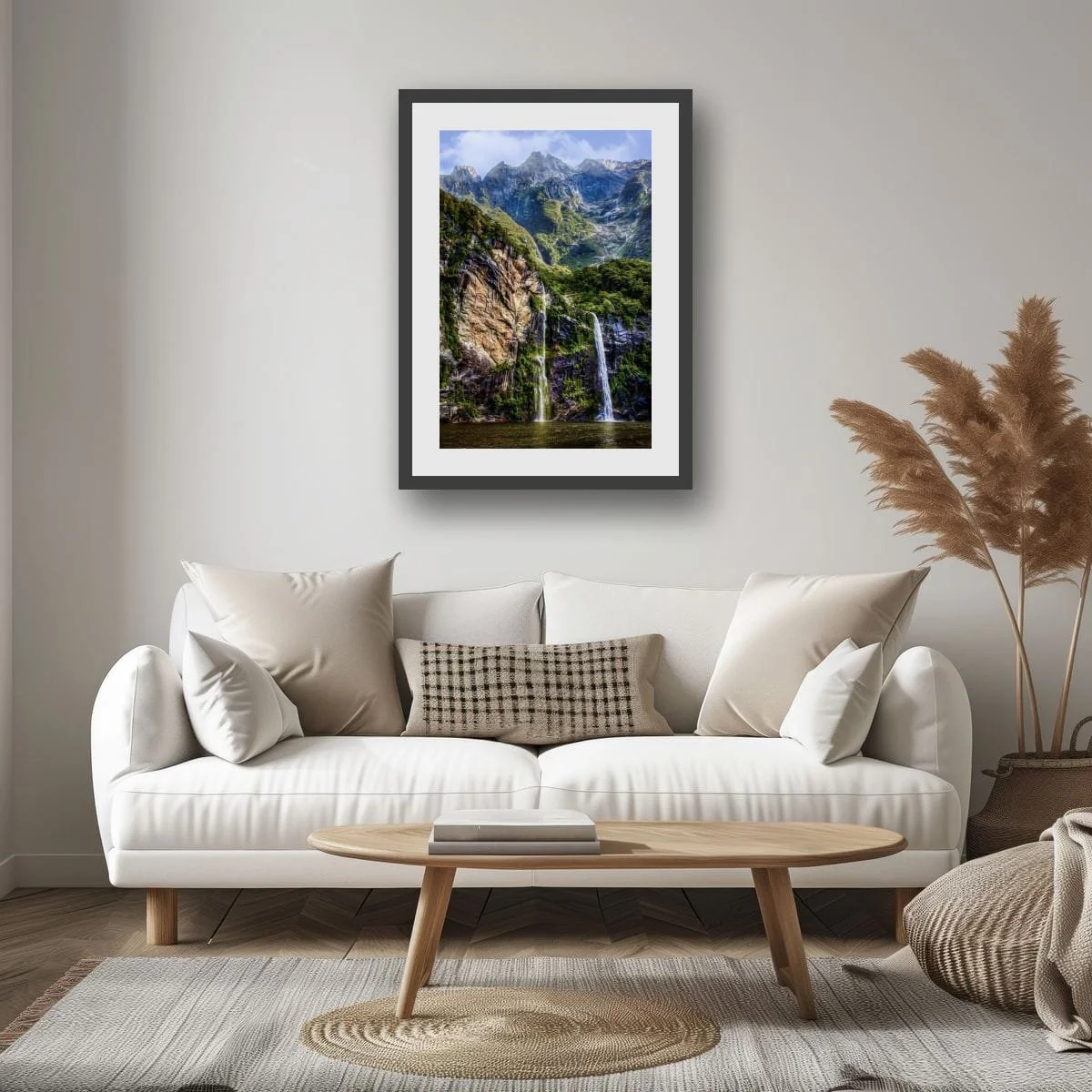 Waterfalls and mountains rising above Milford Sound.