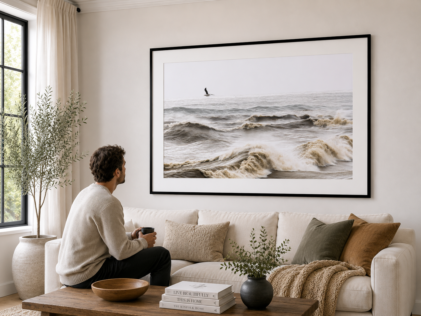 Seabird flying above rough ocean waves.