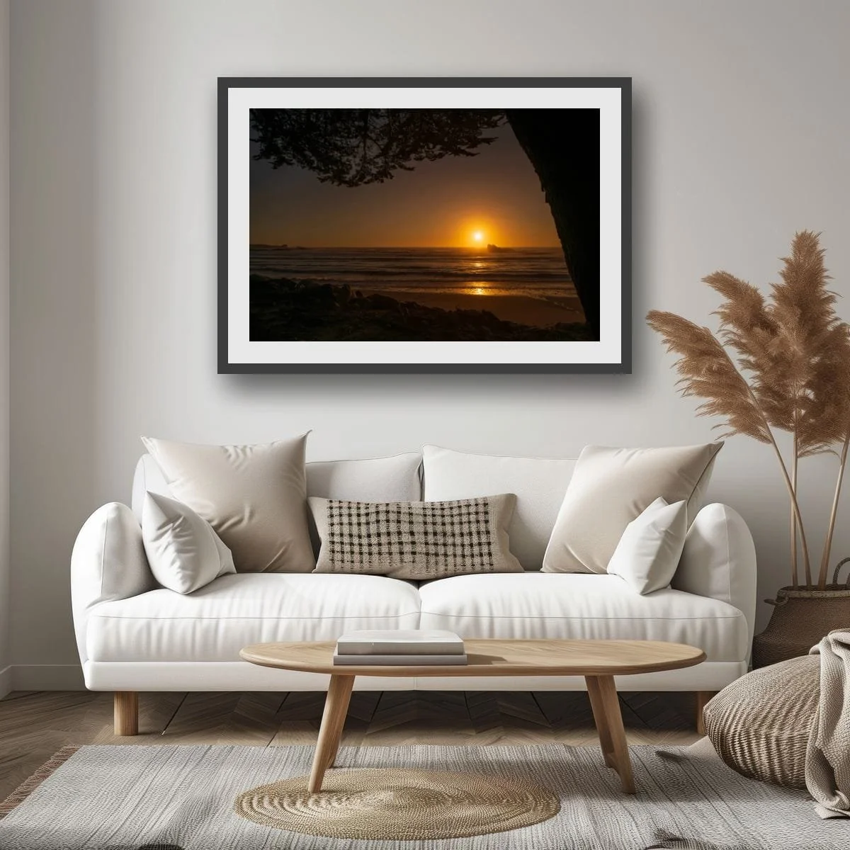 Coastal tree overlooking misty shoreline and ocean beneath bright daylight in West Coast New Zealand.