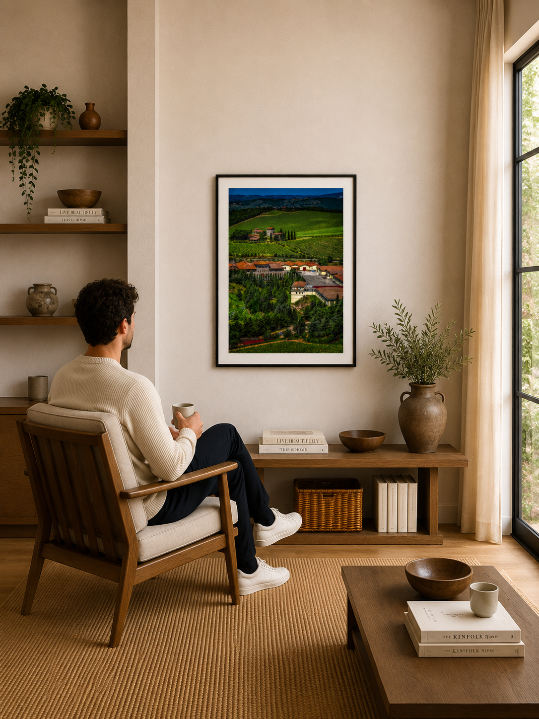 Tuscan countryside with vineyards, cypress trees and rolling hills.