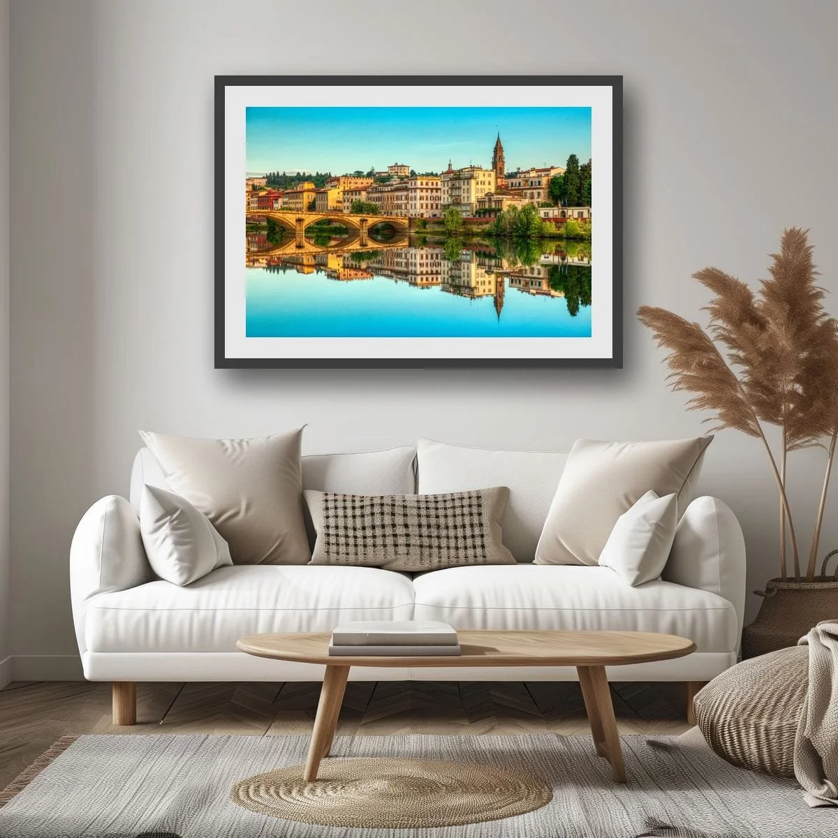 Florence skyline reflected in the Arno River at sunset.
